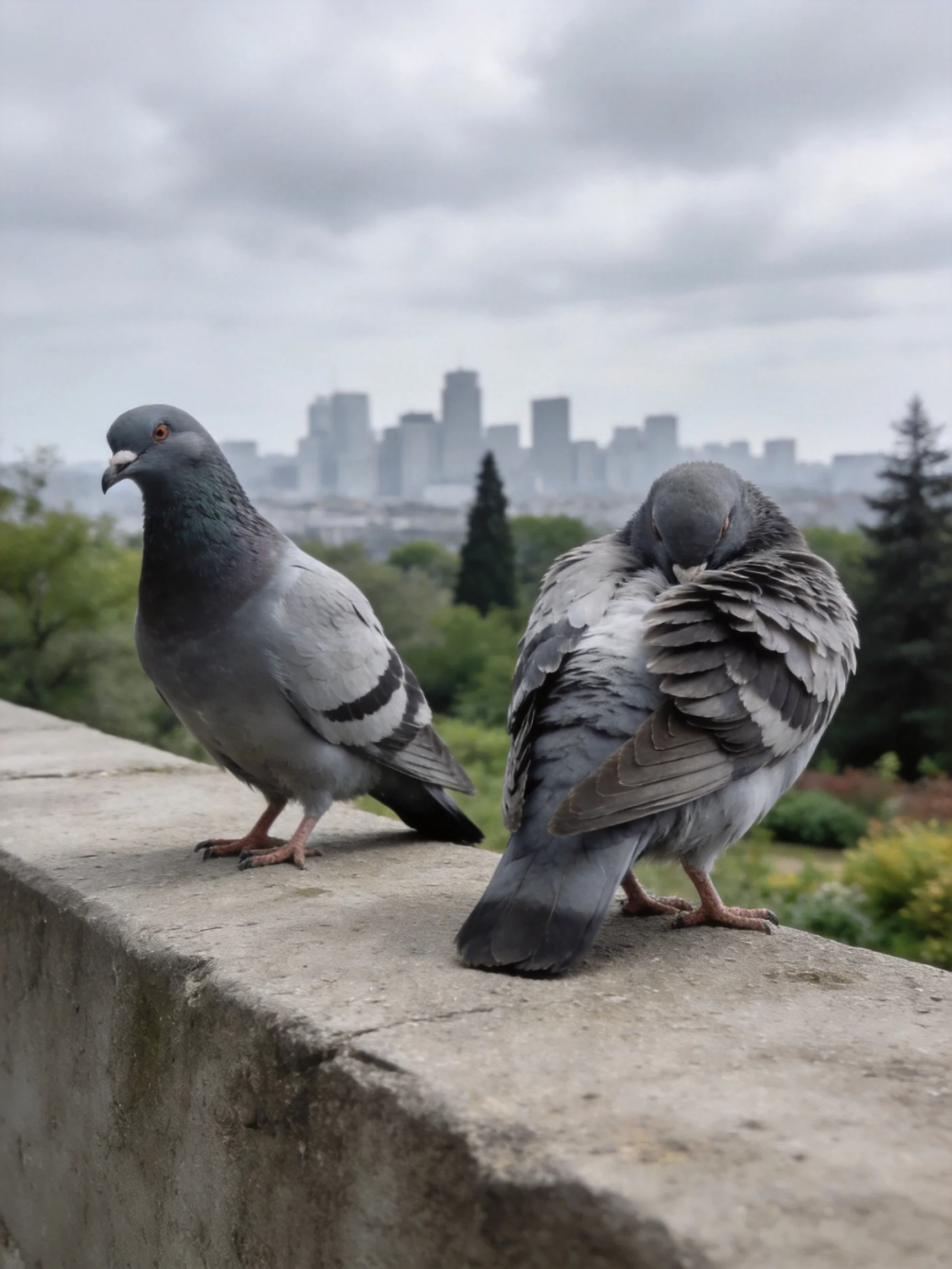 Two gray pigeons sit on a weathered concrete ledge near a misty city skyline