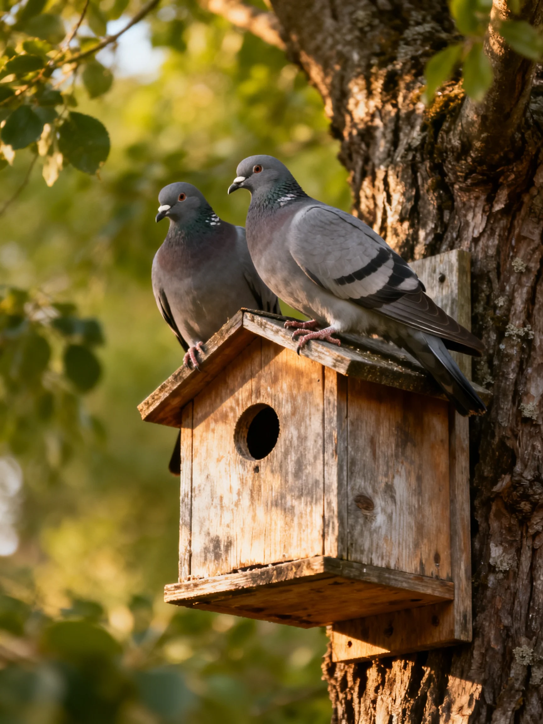 Two gray pigeons sit on a weathered wooden birdhouse attached to a tree