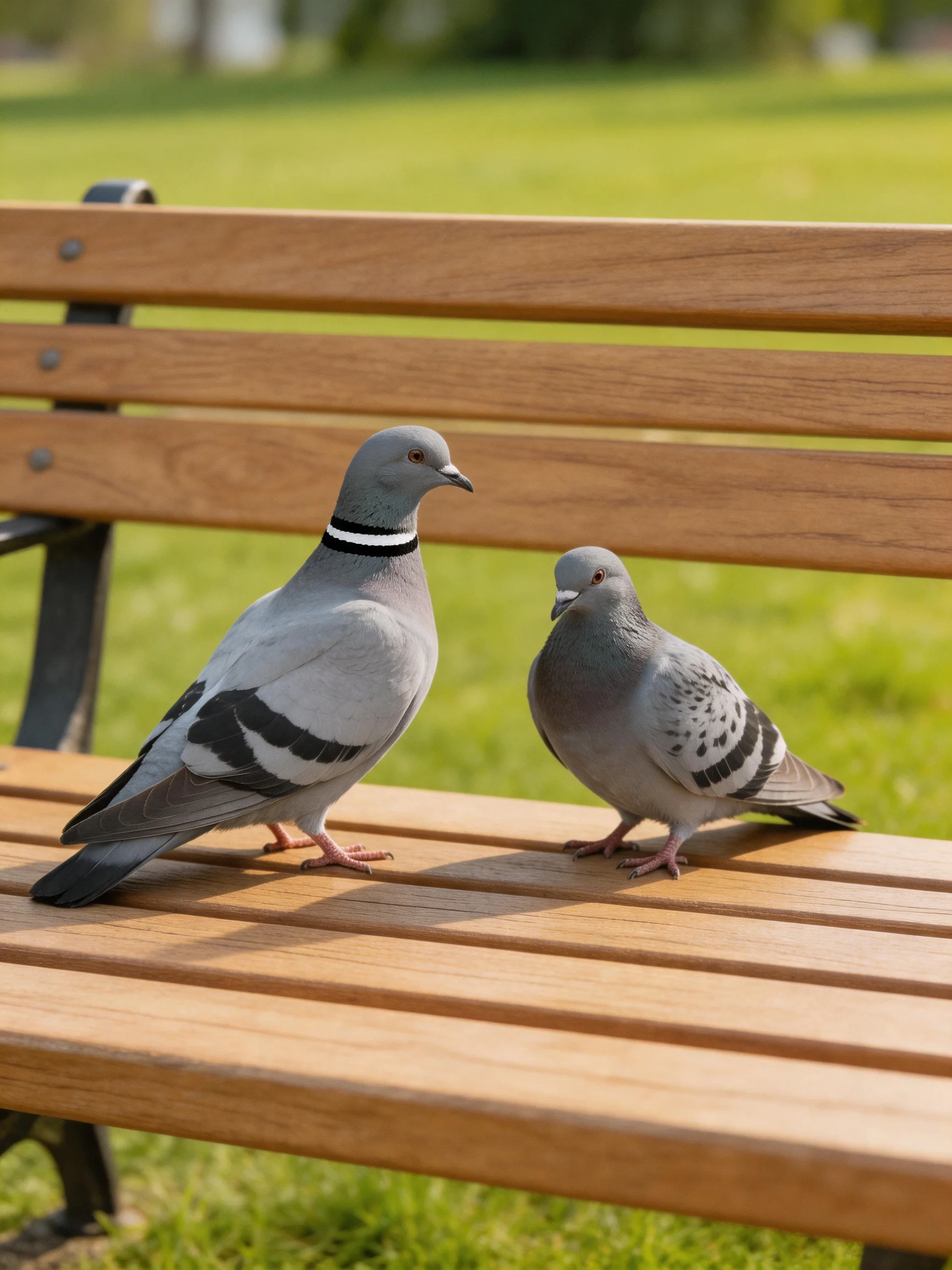Two gray pigeons sit on a wooden park bench