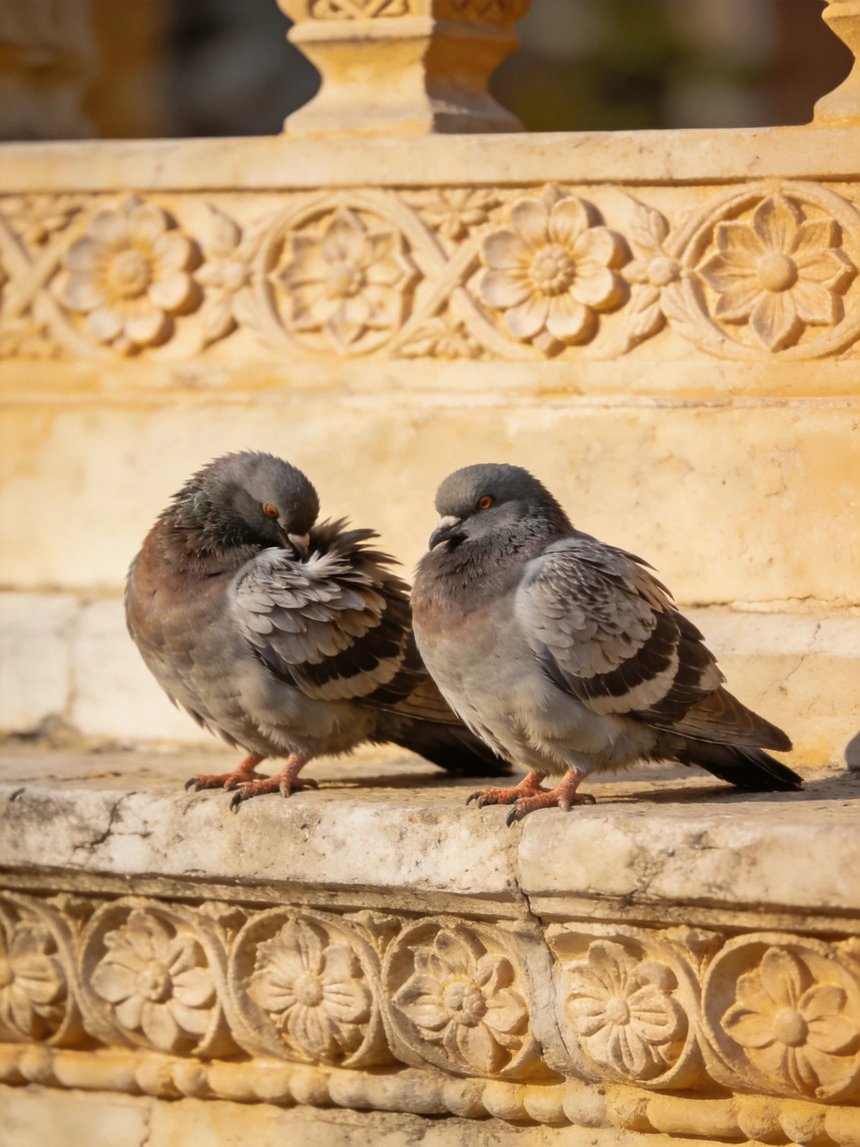 Two gray pigeons sit on an ornately carved stone ledge with floral details