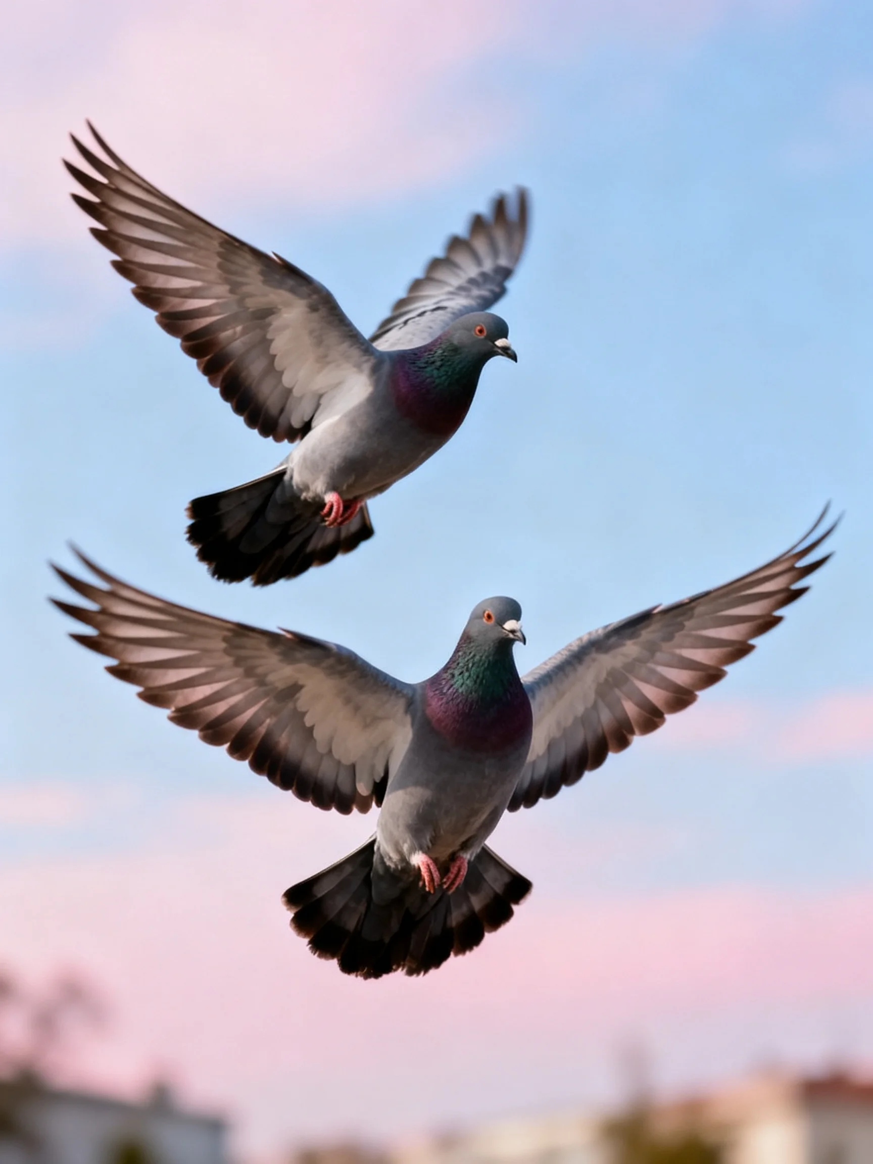 Two gray pigeons soar with outstretched wings against a pastel sky