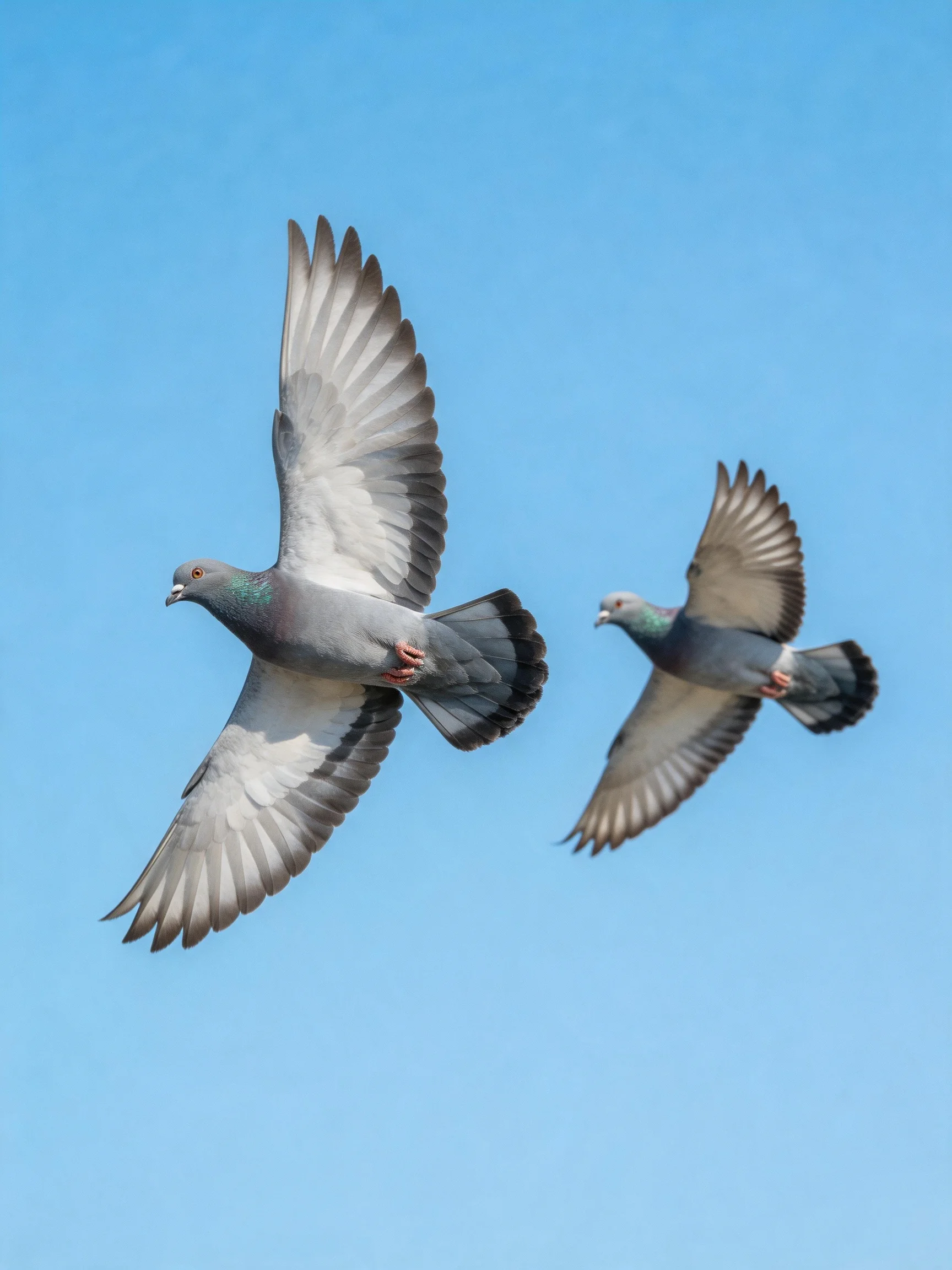Two gray pigeons soaring in a clear blue sky