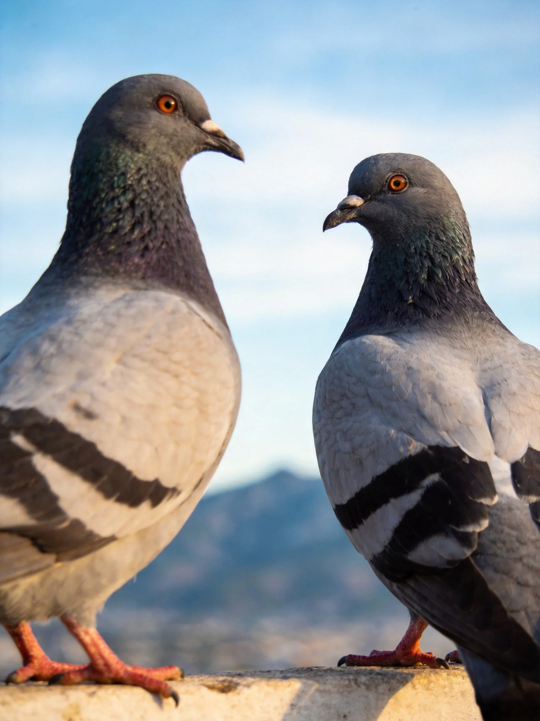 Two gray pigeons with black wing stripes near a mountain backdrop