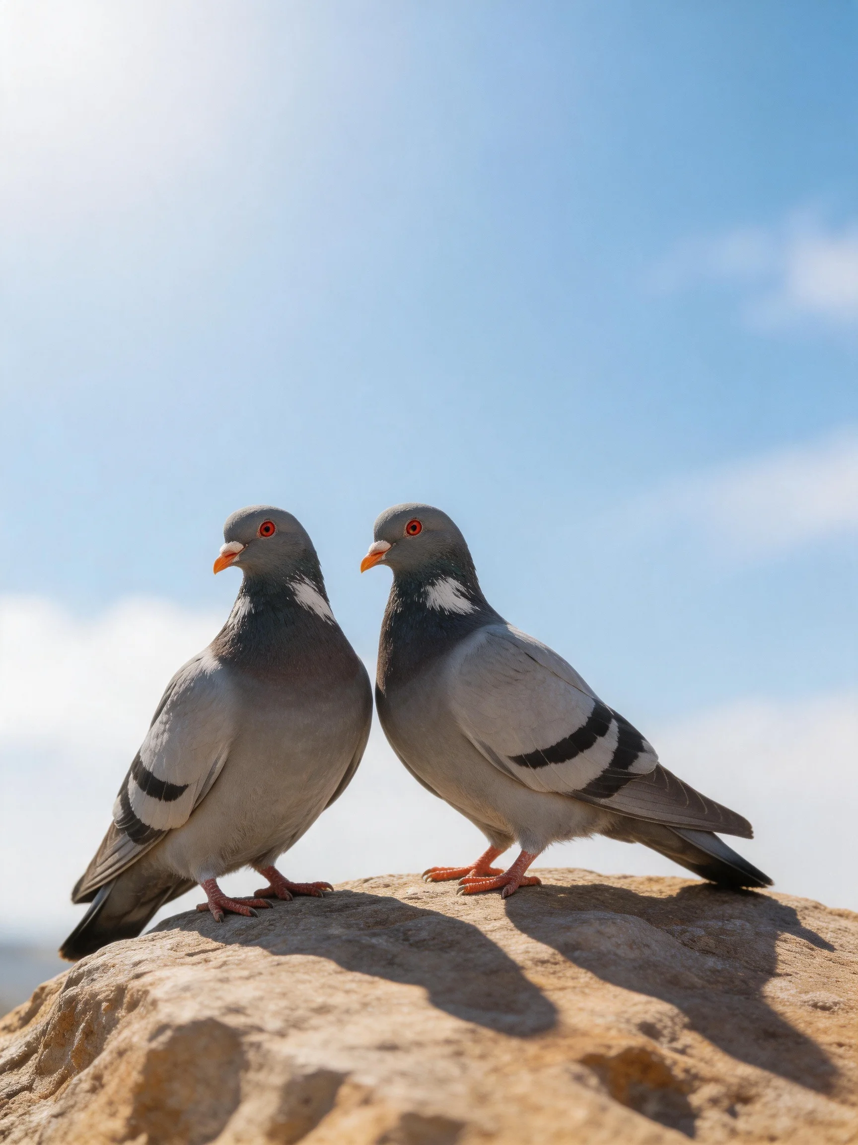 Two gray pigeons with black wing stripes rest on a rocky surface under sunny skies