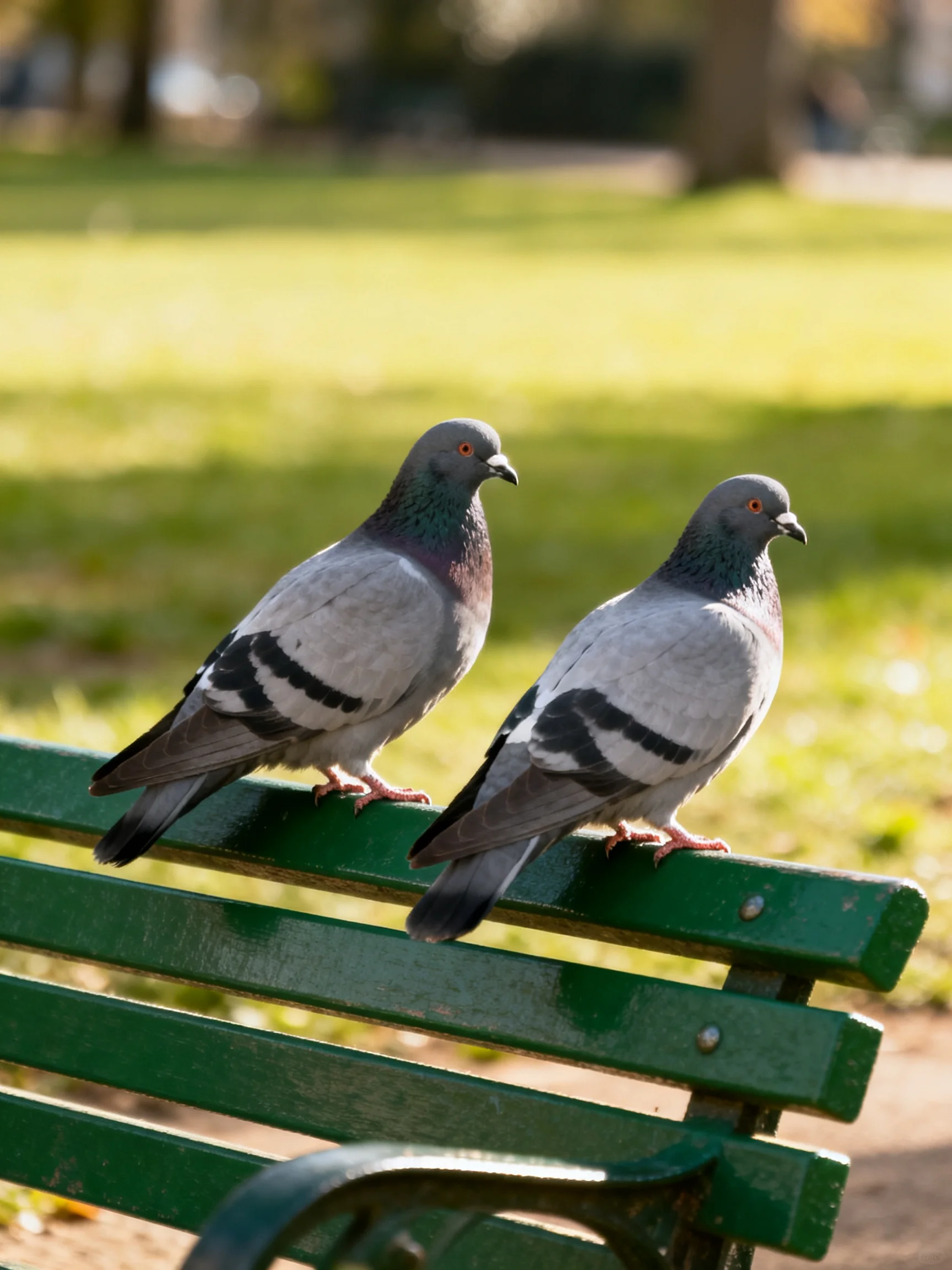 Two pigeons sit on a green bench in a park.
