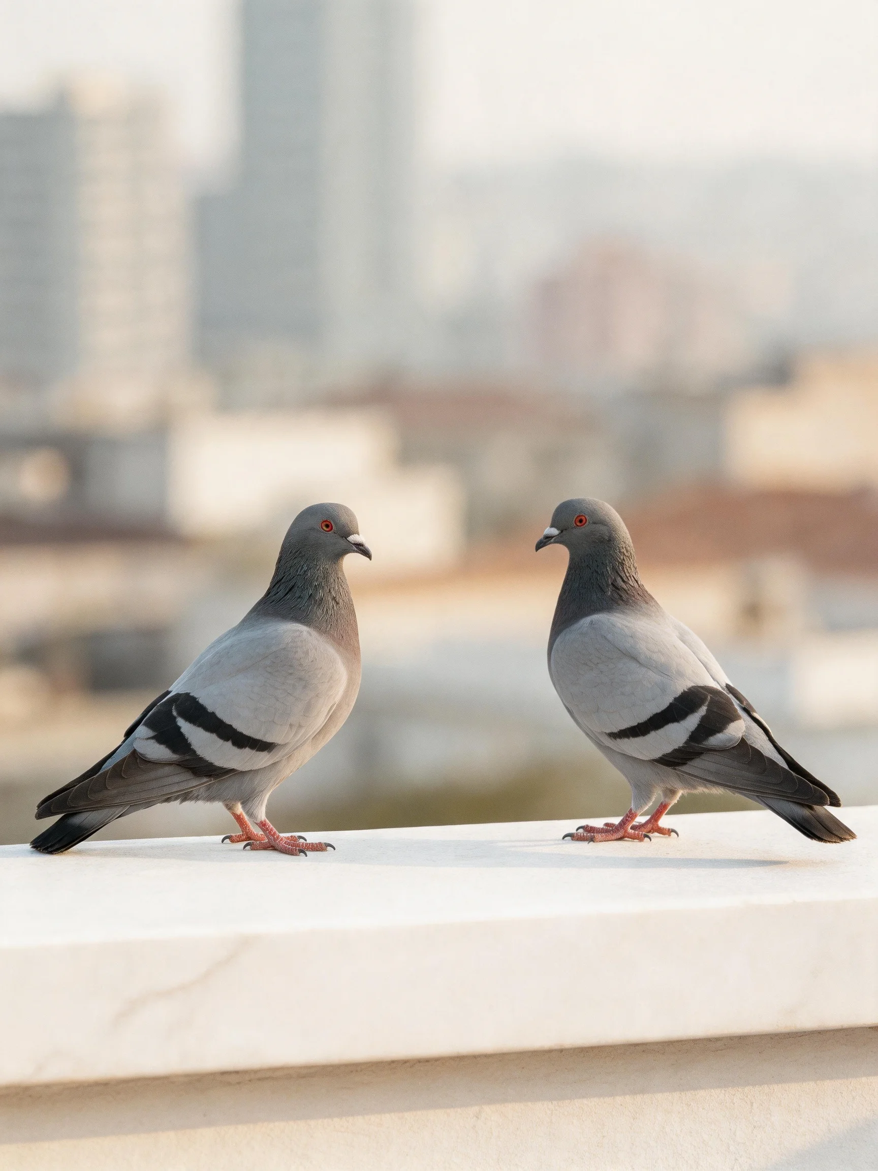Two gray pigeons with black wing stripes sit on a white ledge amid city buildings