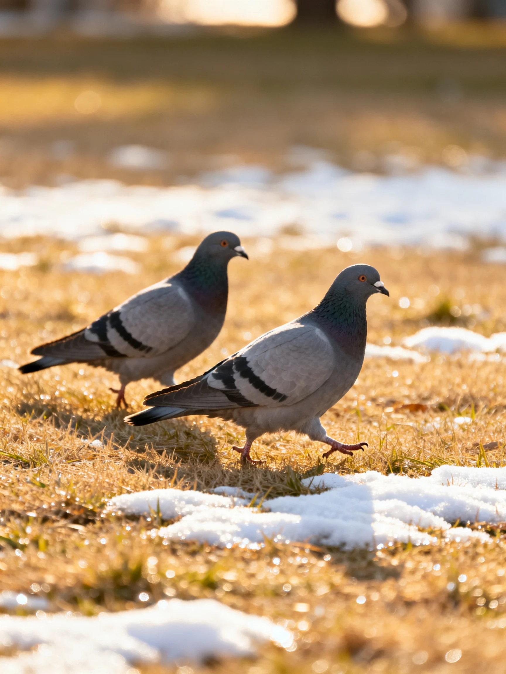 Two gray pigeons with black wing stripes walk near patches of snow on brown grass