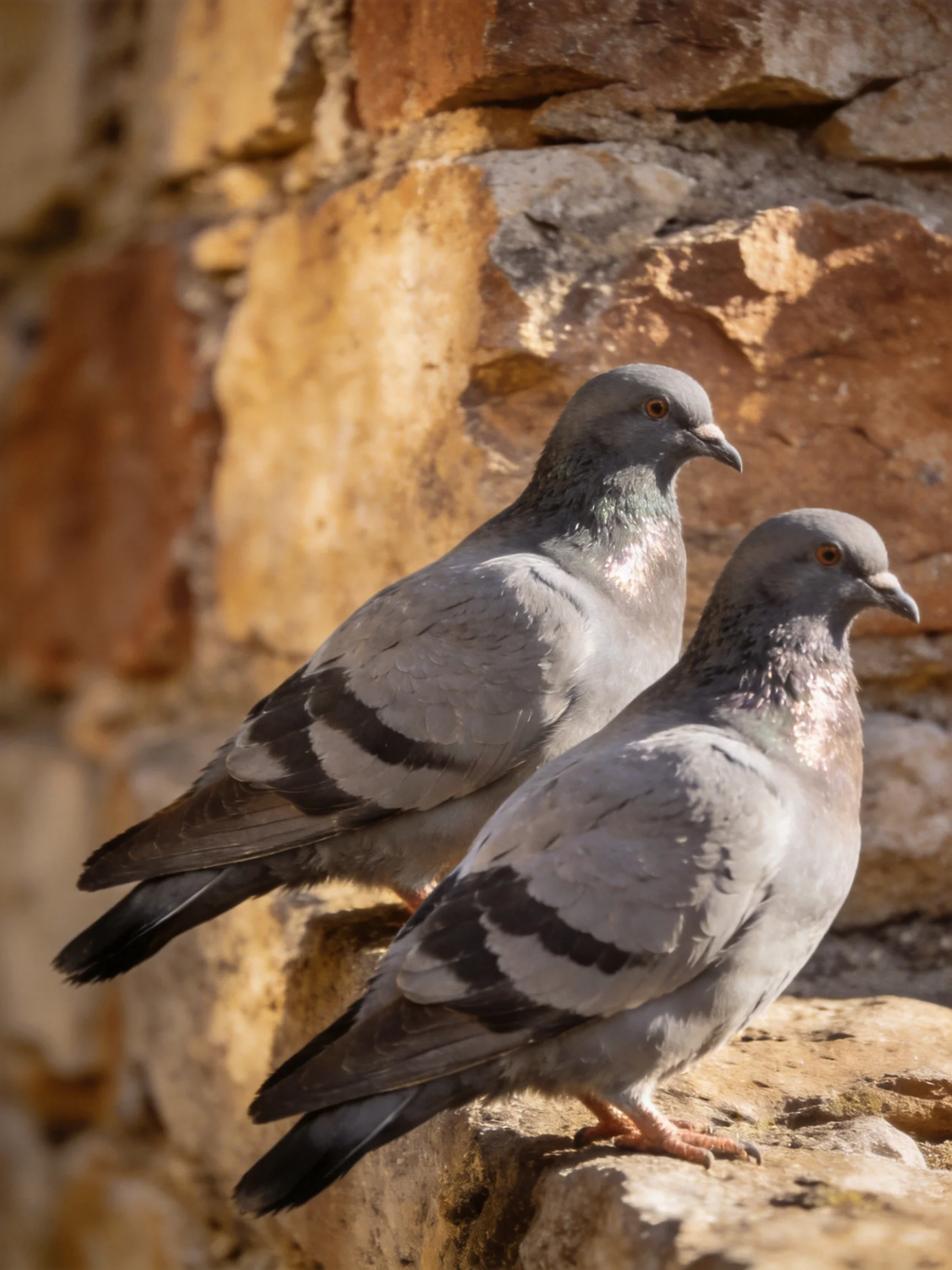 Two gray pigeons with dark wing markings rest on an aged stone wall