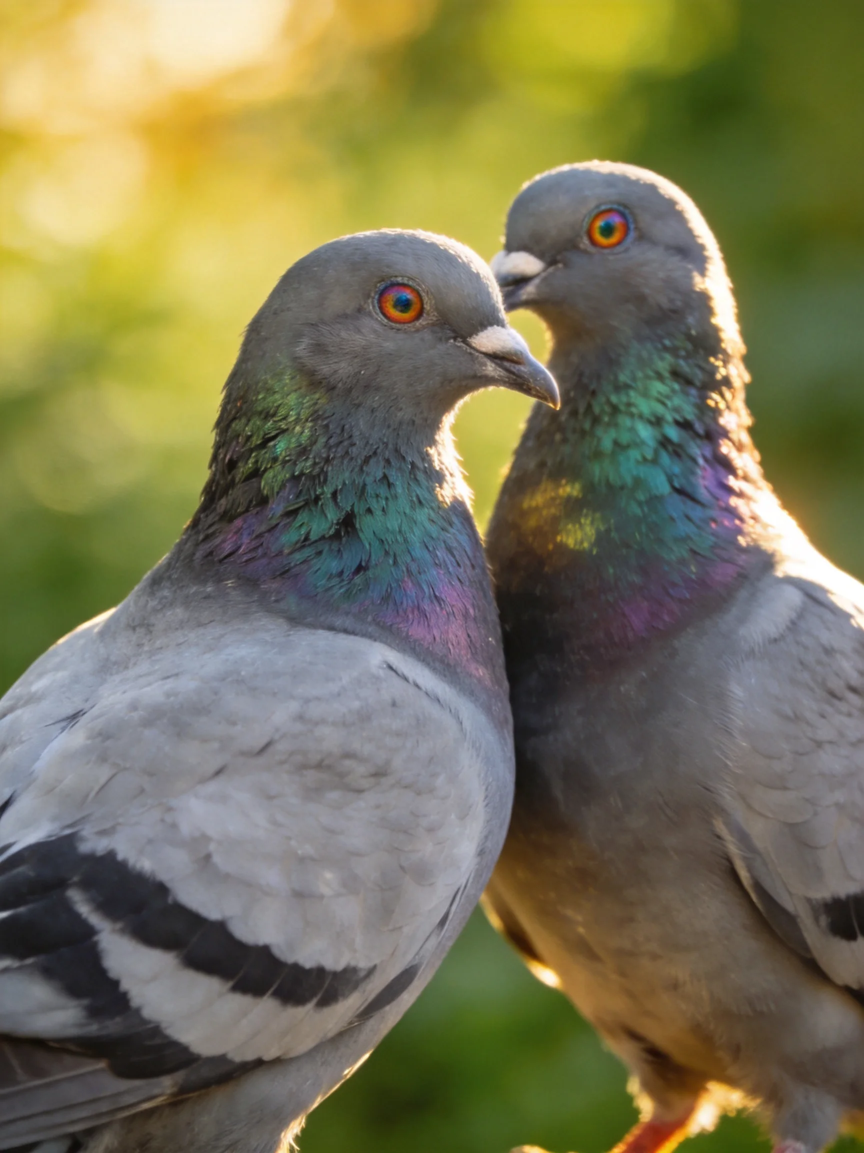 Two gray pigeons with iridescent necks in soft sunlight