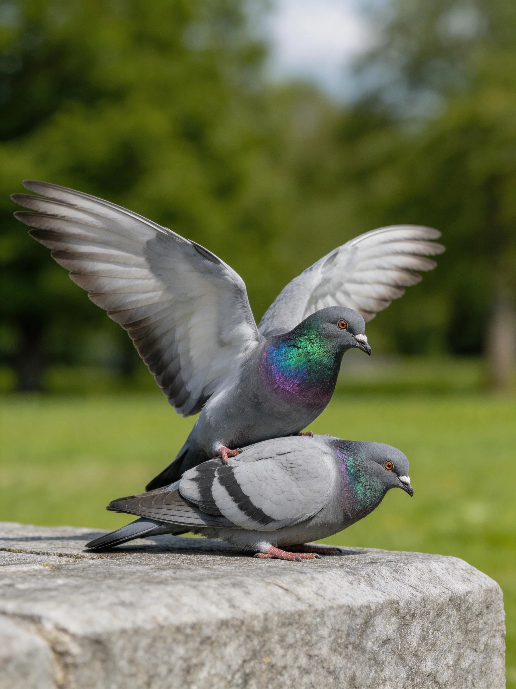 Two gray pigeons with iridescent necks mating on a stone ledge