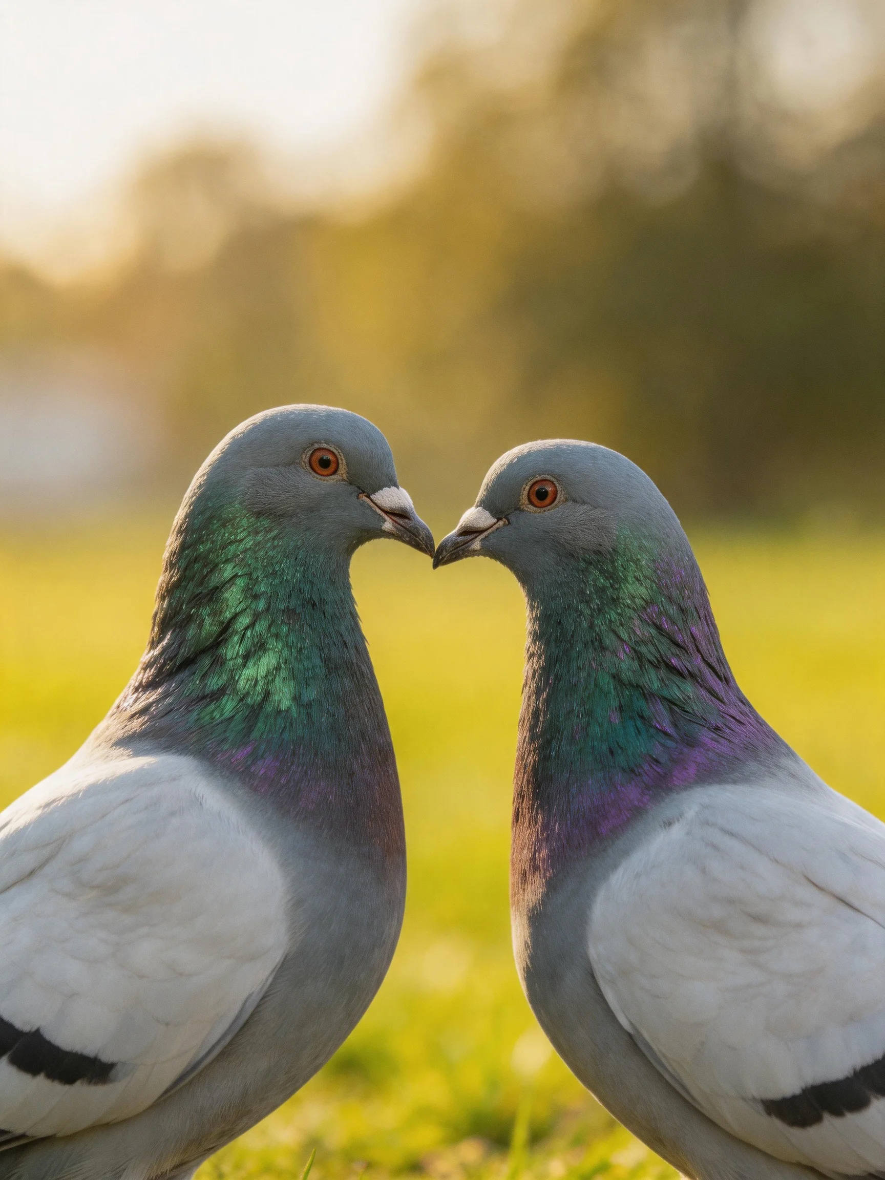 Two gray pigeons with iridescent necks nuzzle each other in a sunlit field