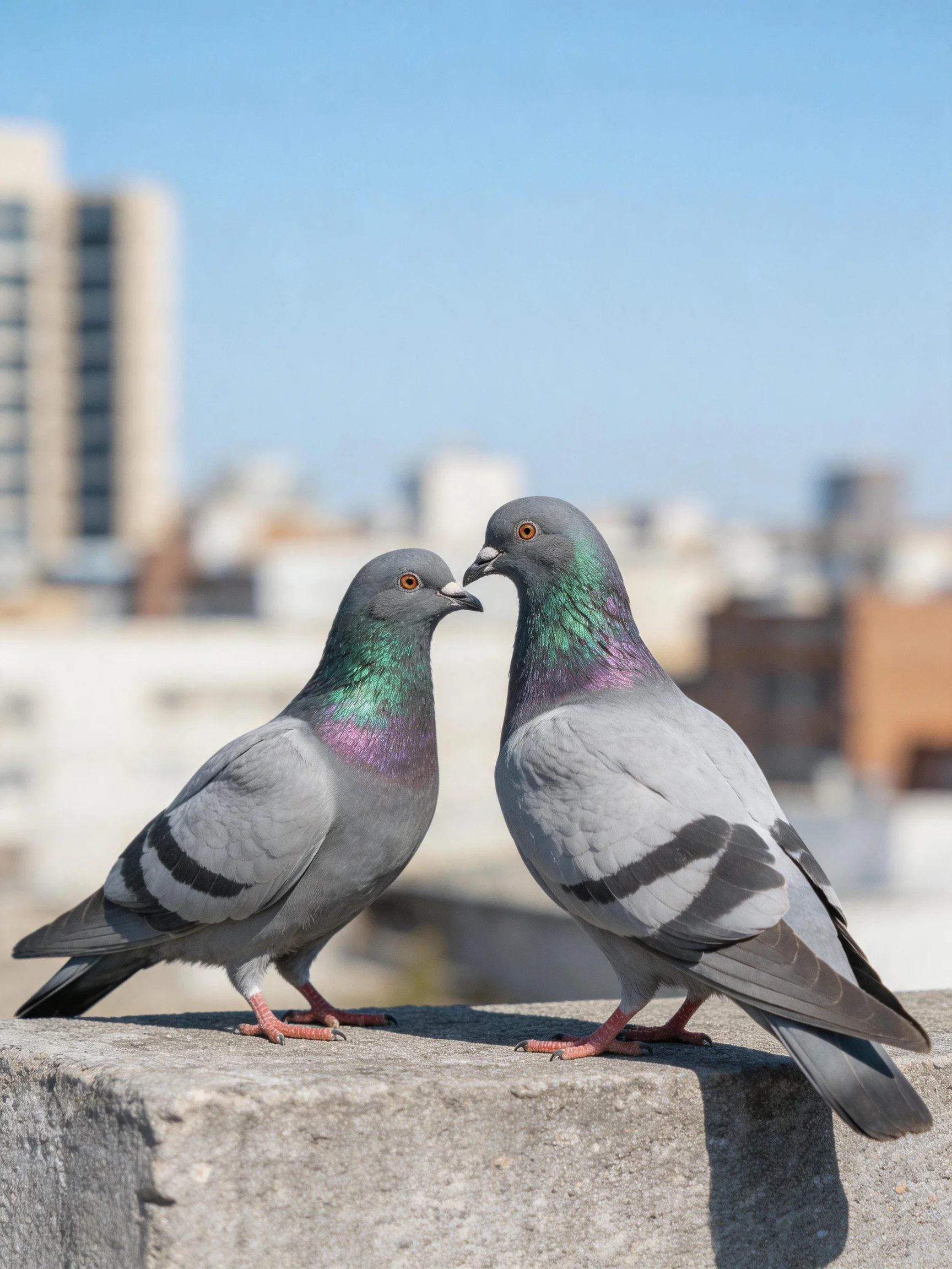 Two gray pigeons with iridescent necks perch on a concrete ledge near city buildings