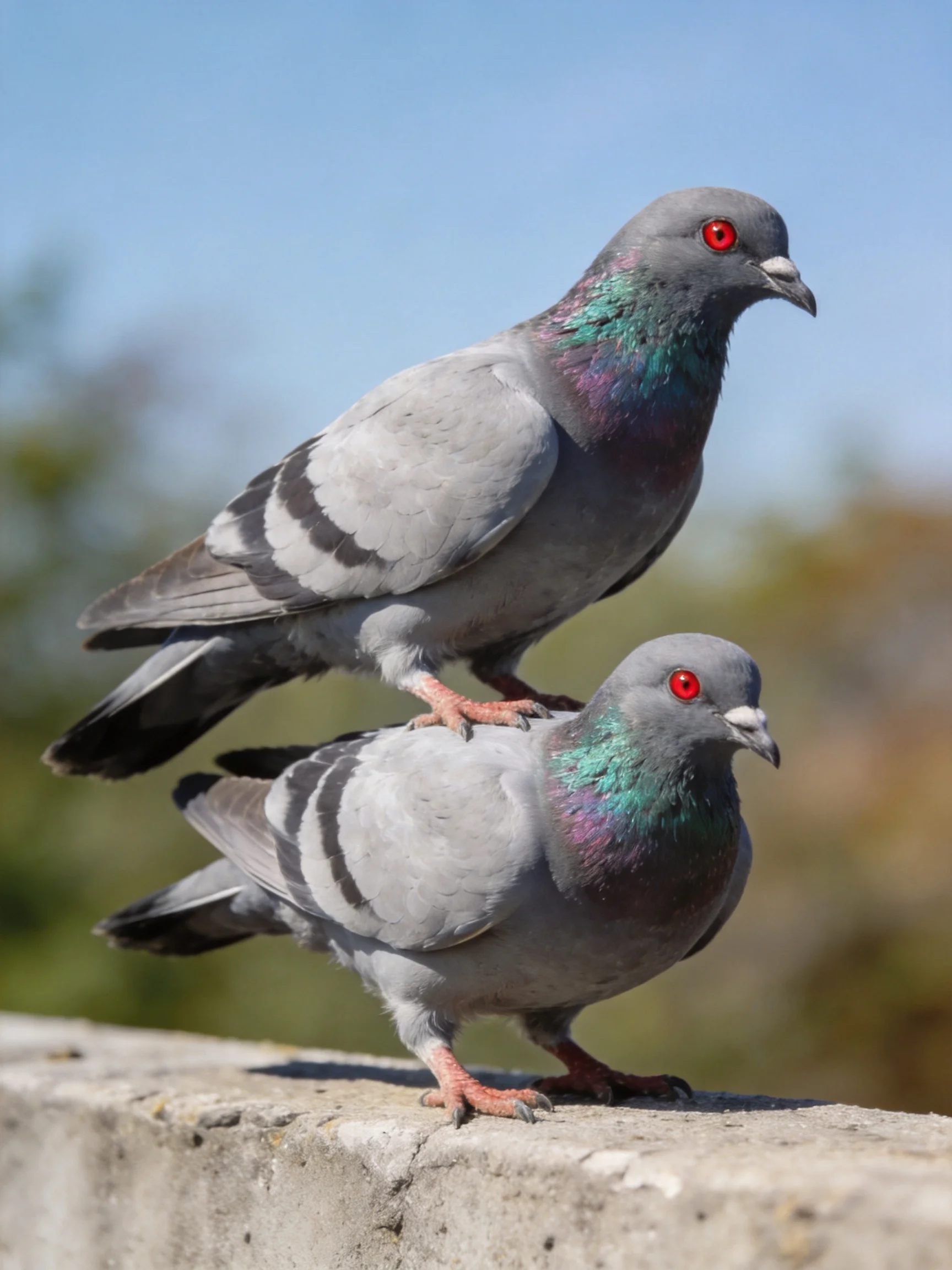 Two gray pigeons with iridescent necks perch on a concrete ledge
