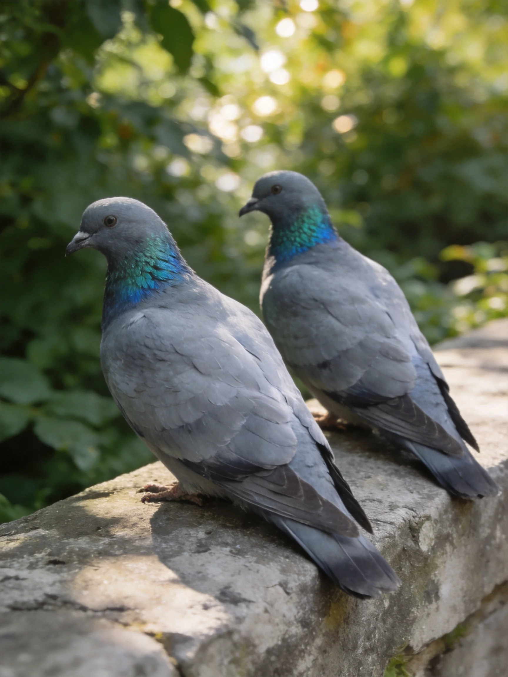 Two gray pigeons with iridescent necks perch on a weathered stone ledge