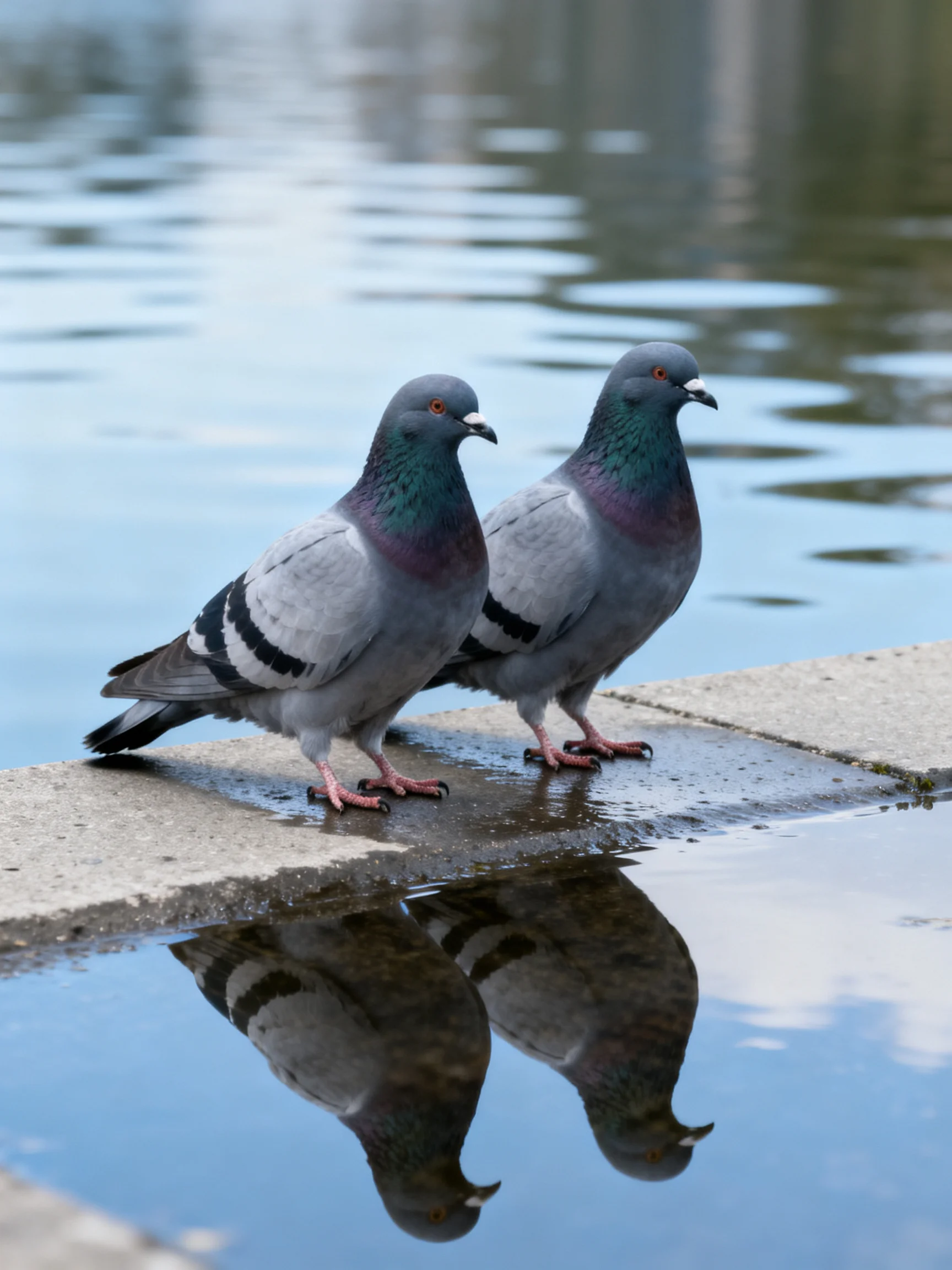 Two gray pigeons with iridescent necks stand by calm water