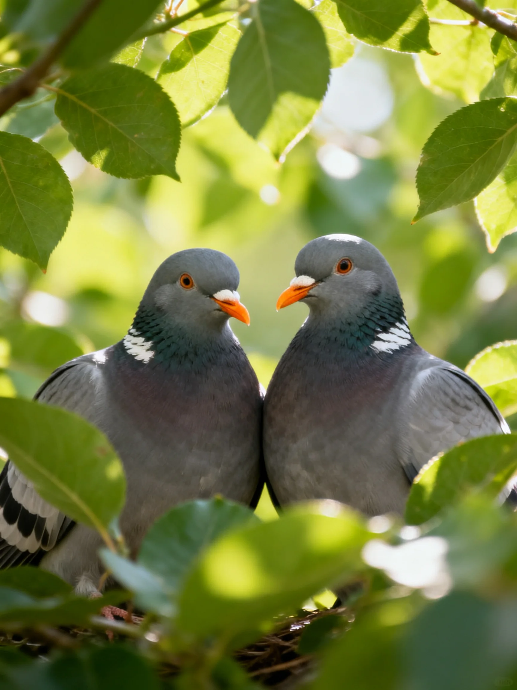 Two gray pigeons with orange beaks nestled among lush green foliage