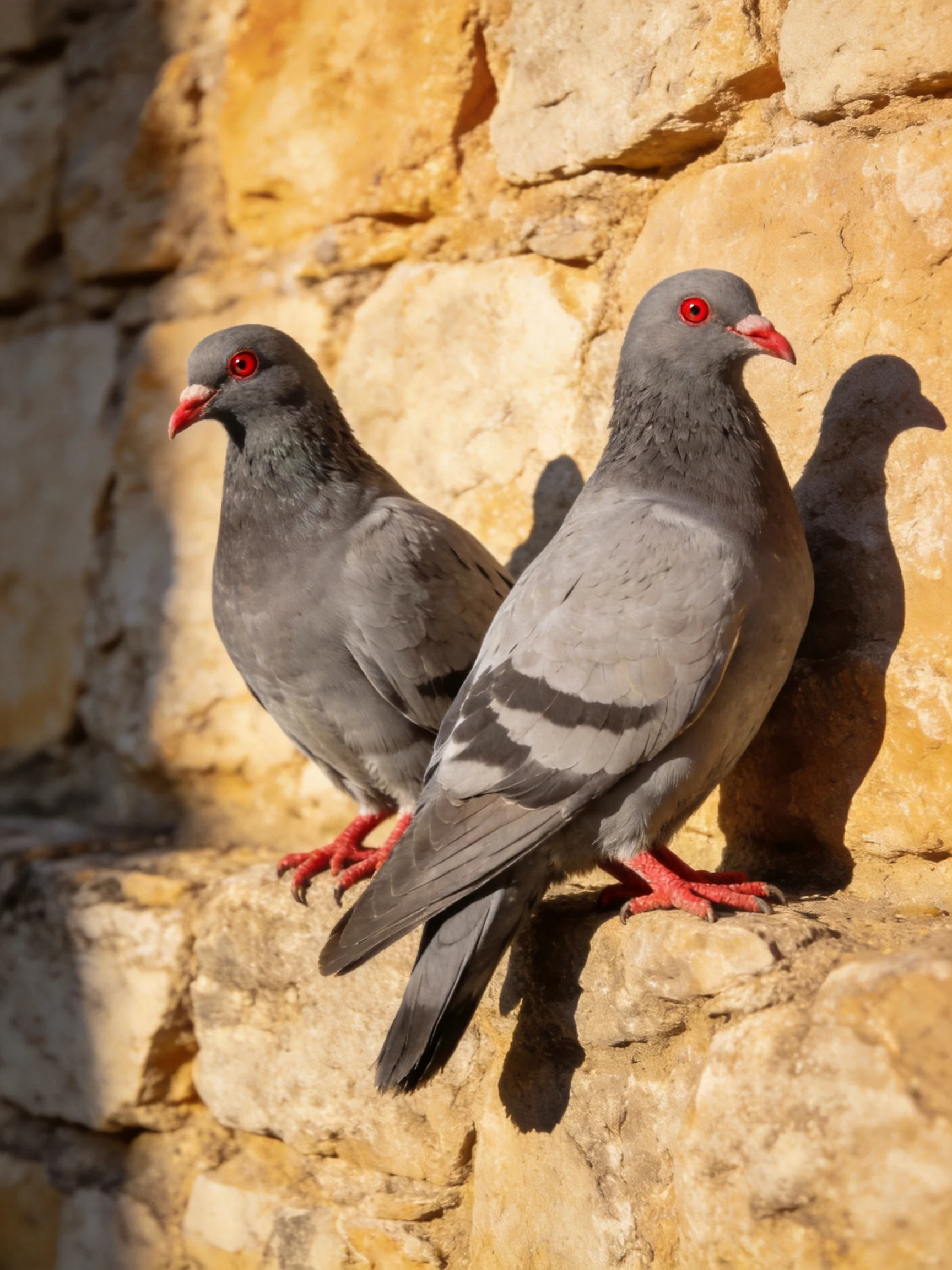Two gray pigeons with red accents perch on a textured stone wall