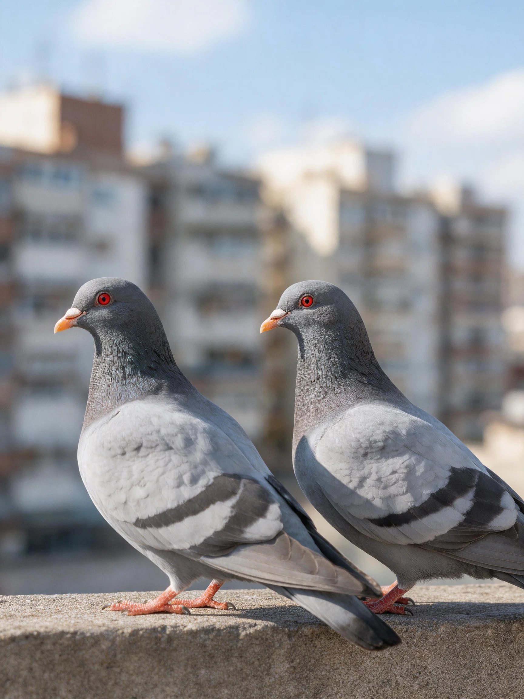 Two gray pigeons with red eyes perched near urban buildings