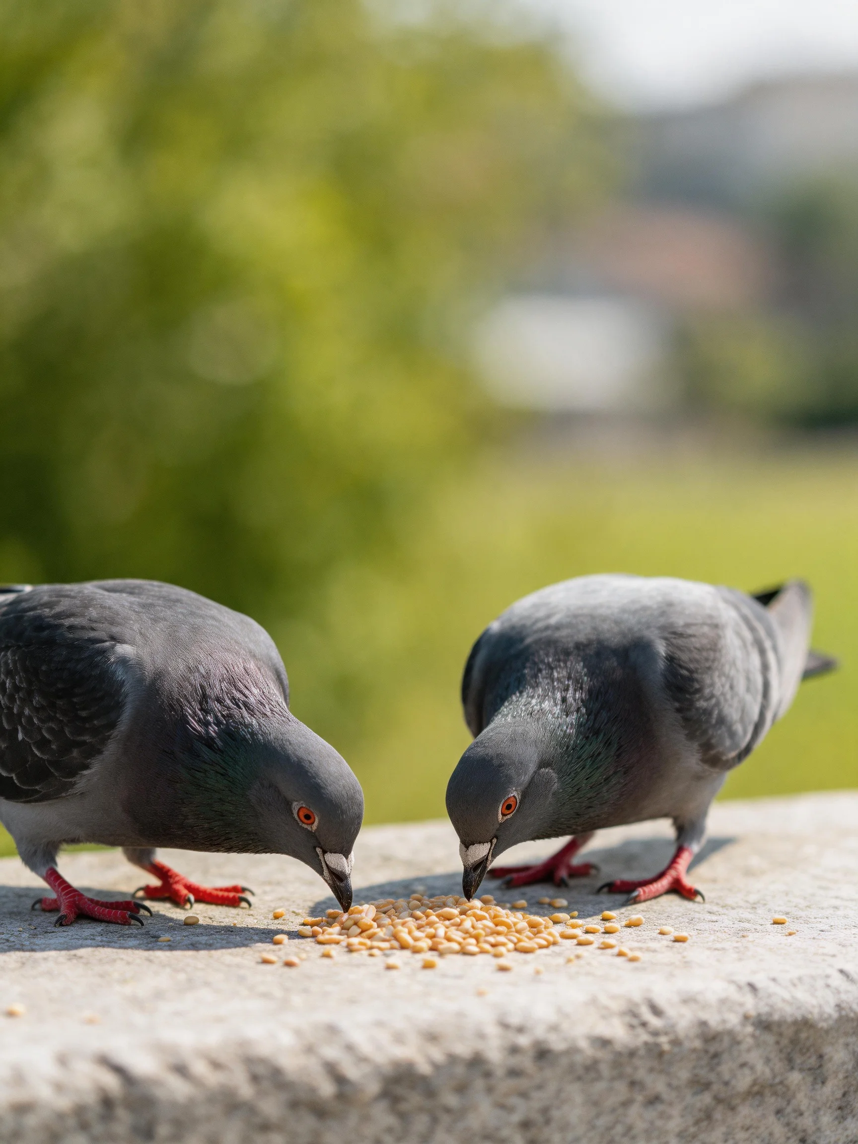Two gray pigeons with red feet eat seeds on a stone ledge