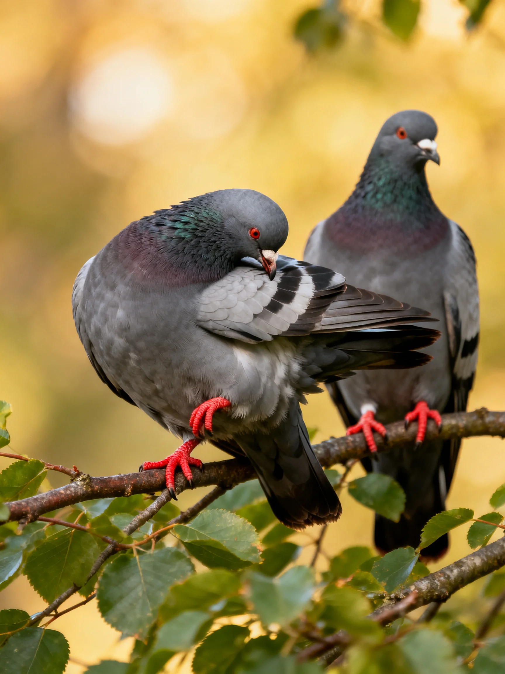 Two gray pigeons with red feet on a leafy branch