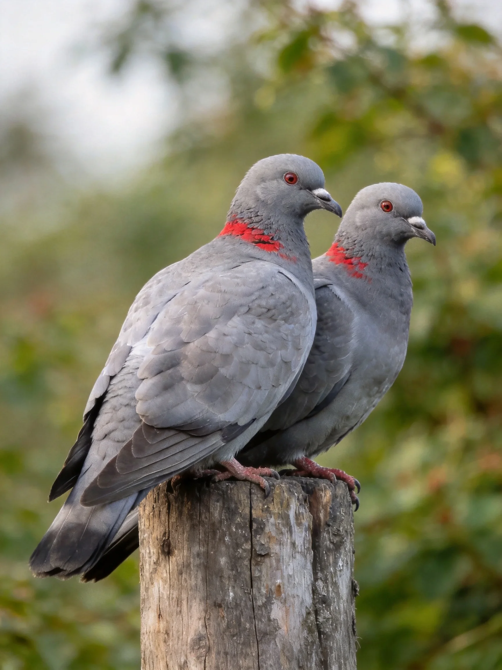Two gray pigeons with red neck patches perch on a weathered wooden post