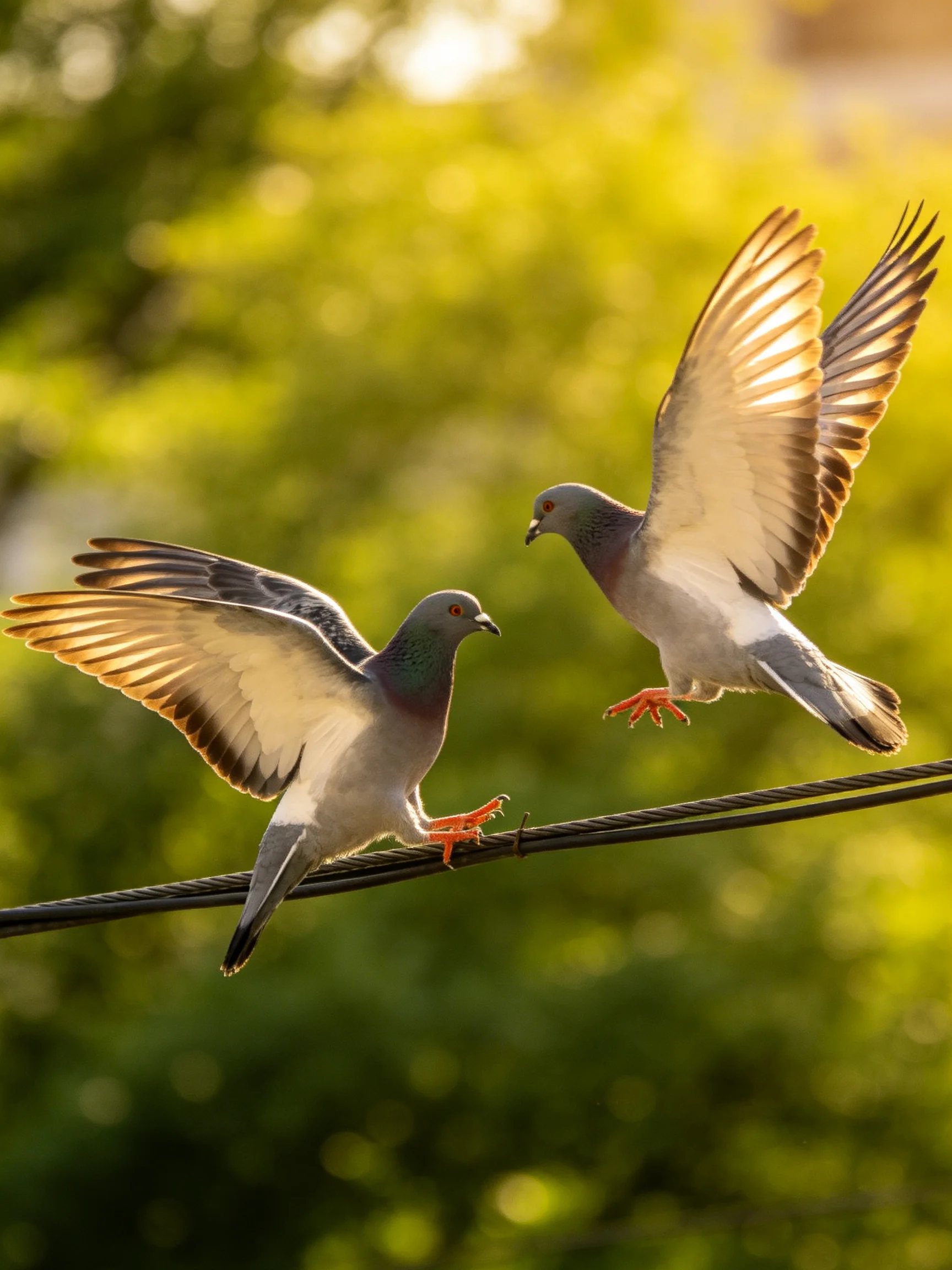 Two gray pigeons with spread wings interact on a wire amid a sunlit green backdrop
