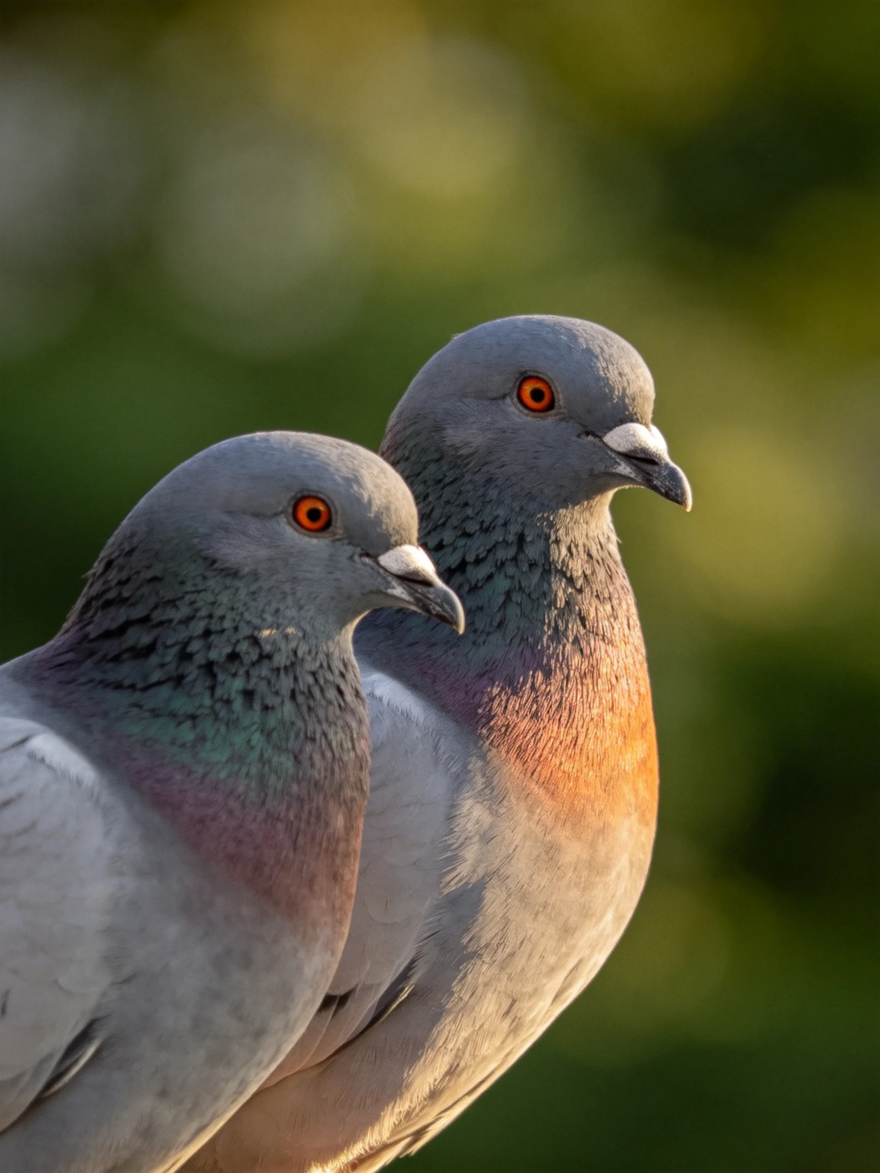 Two gray pigeons with orange eyes stand close together in a sunlit scene.
