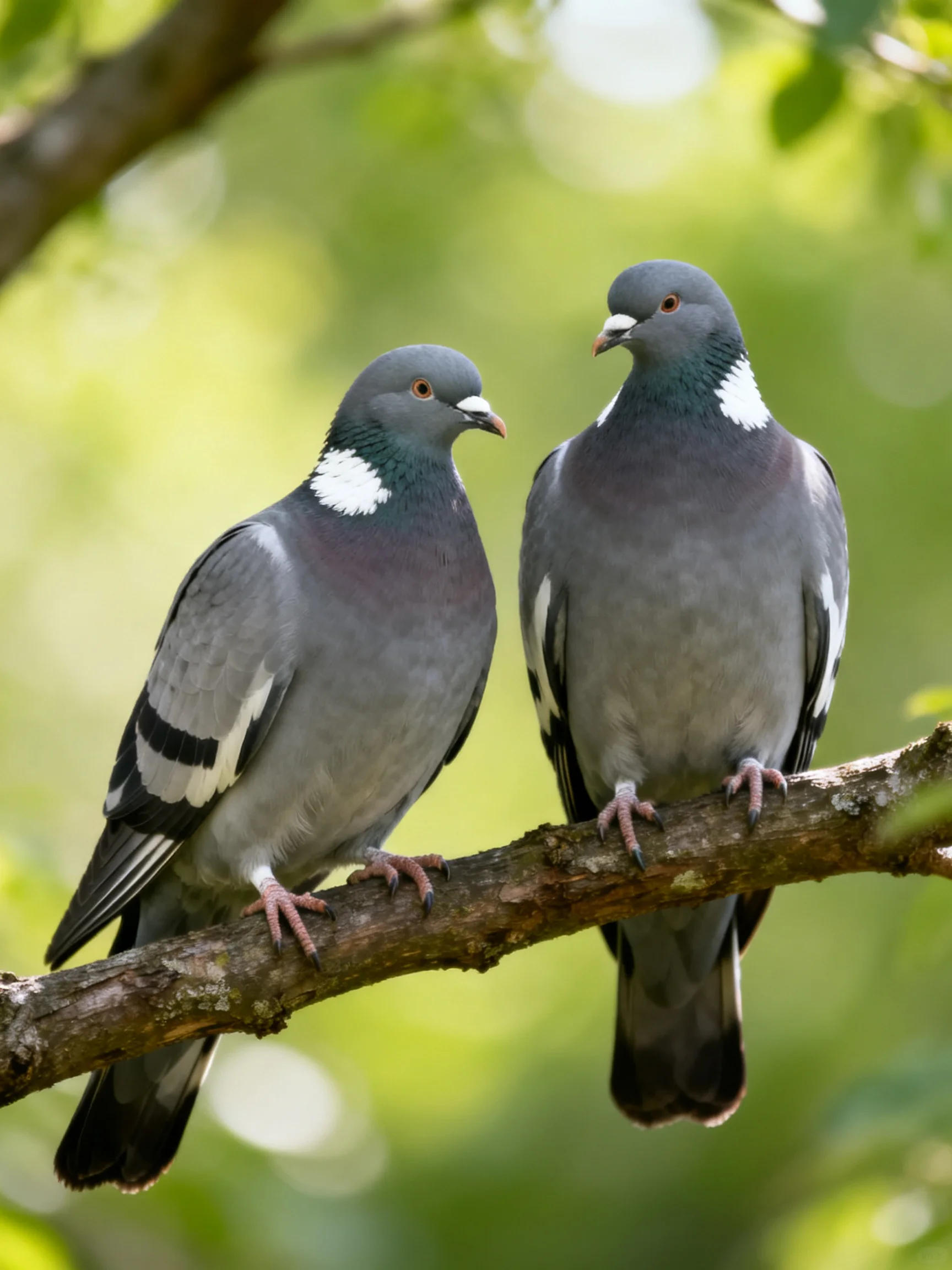 Two gray pigeons with white markings perched on a tree branch