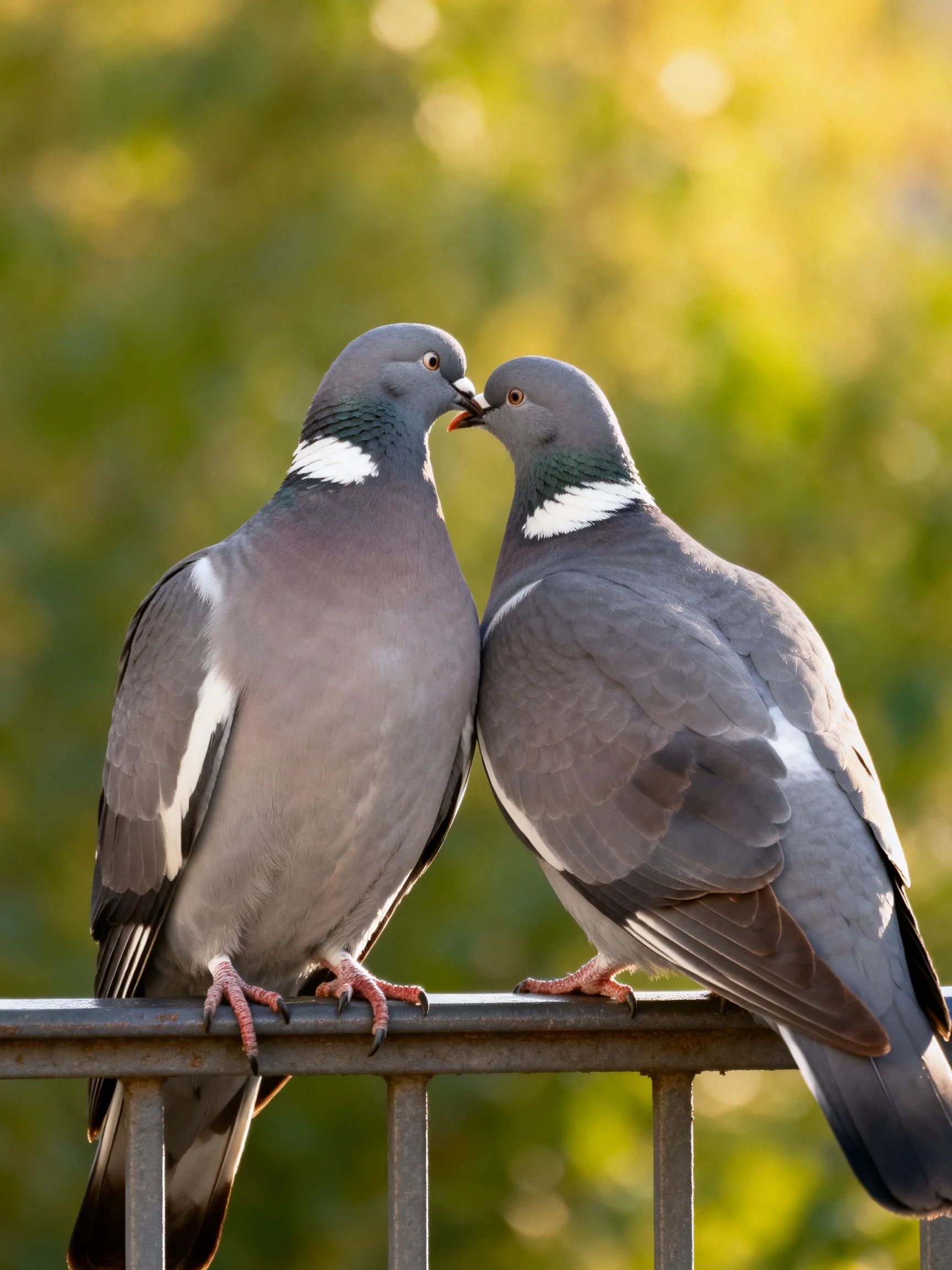 Two gray pigeons with white neck patches nuzzle on a metal railing.