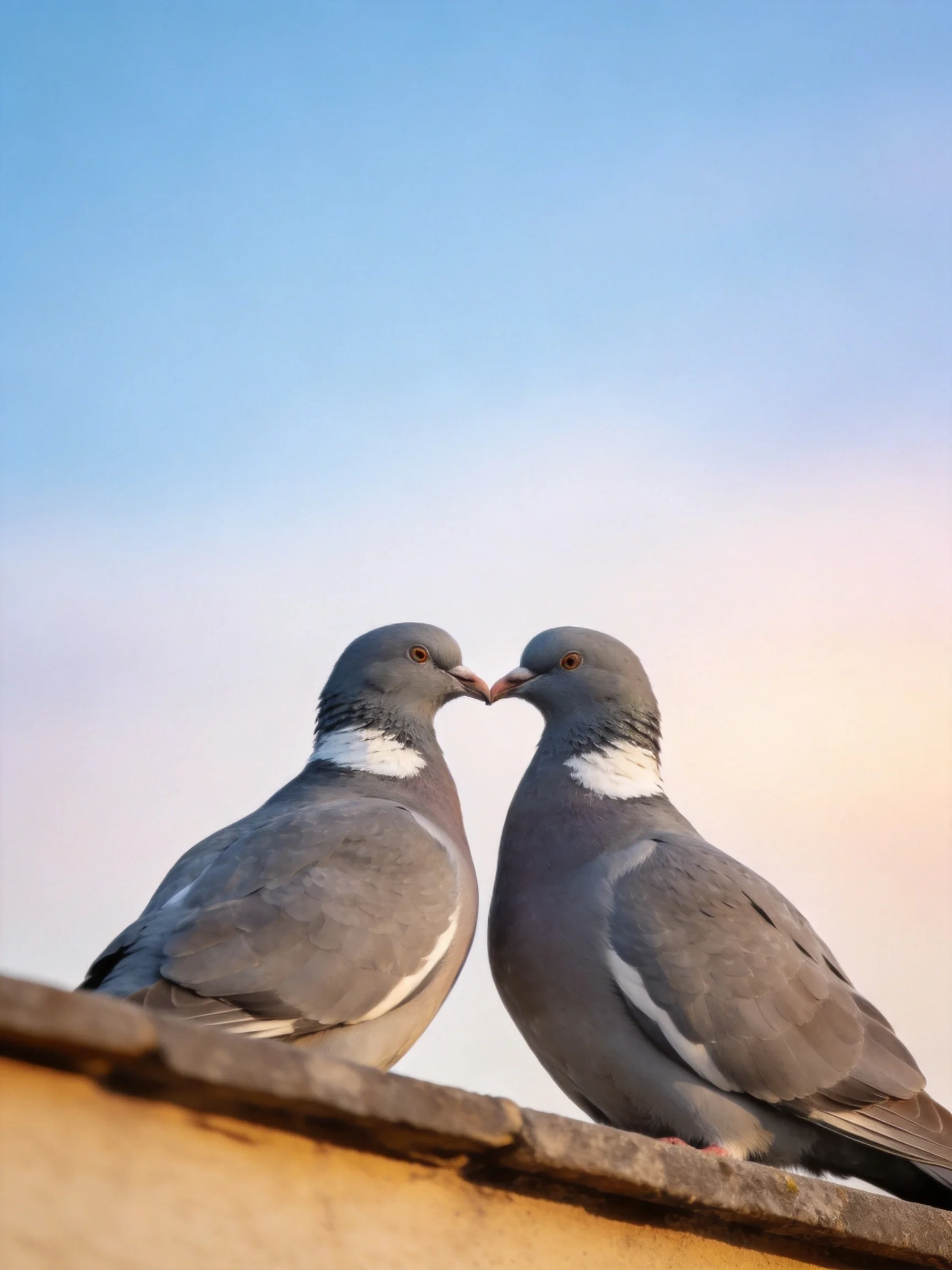 Two gray pigeons nuzzle together on a rooftop beneath a clear blue sky.