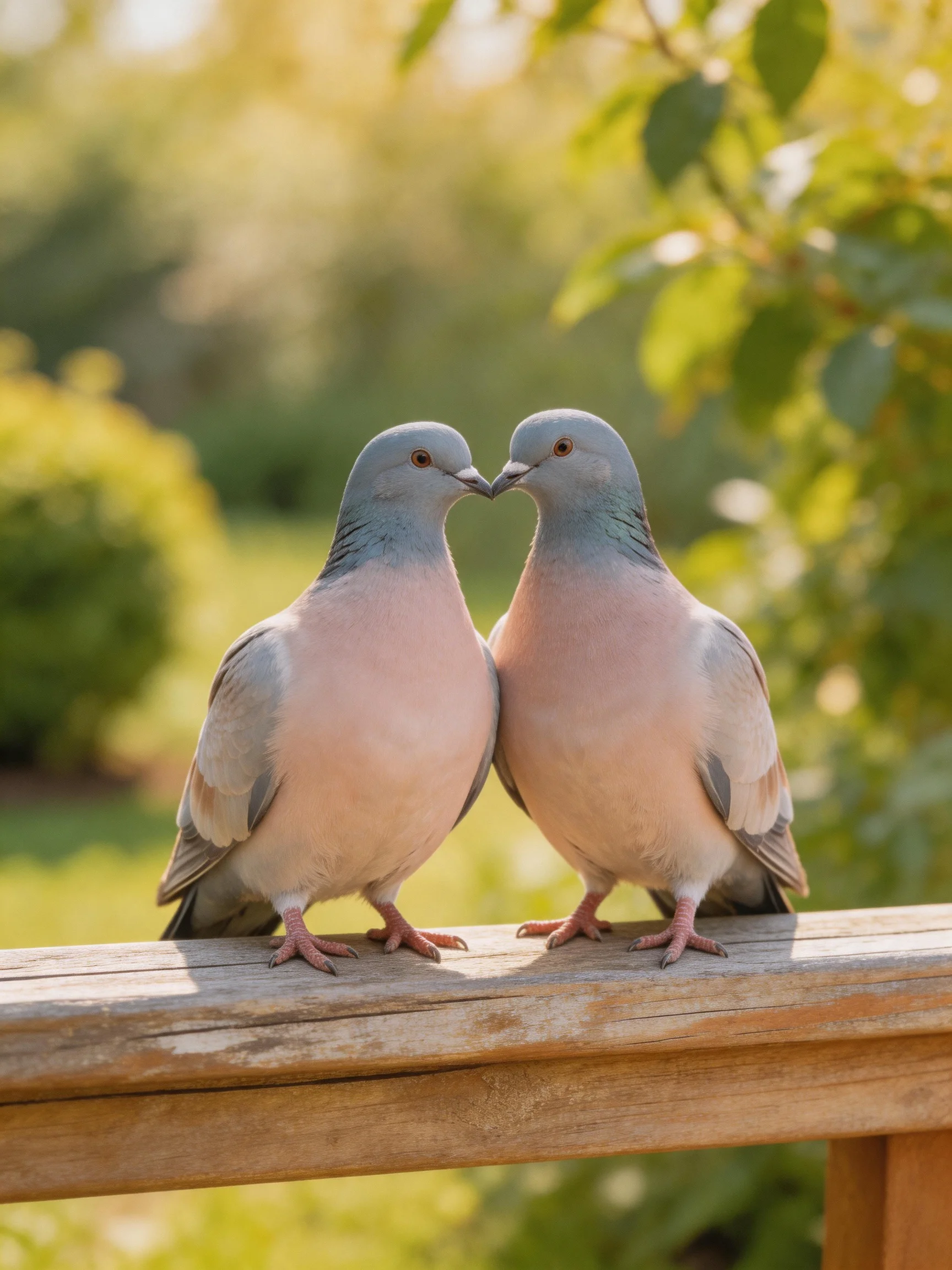 Two gray-pink doves form heart shape on wooden railing amid green foliage