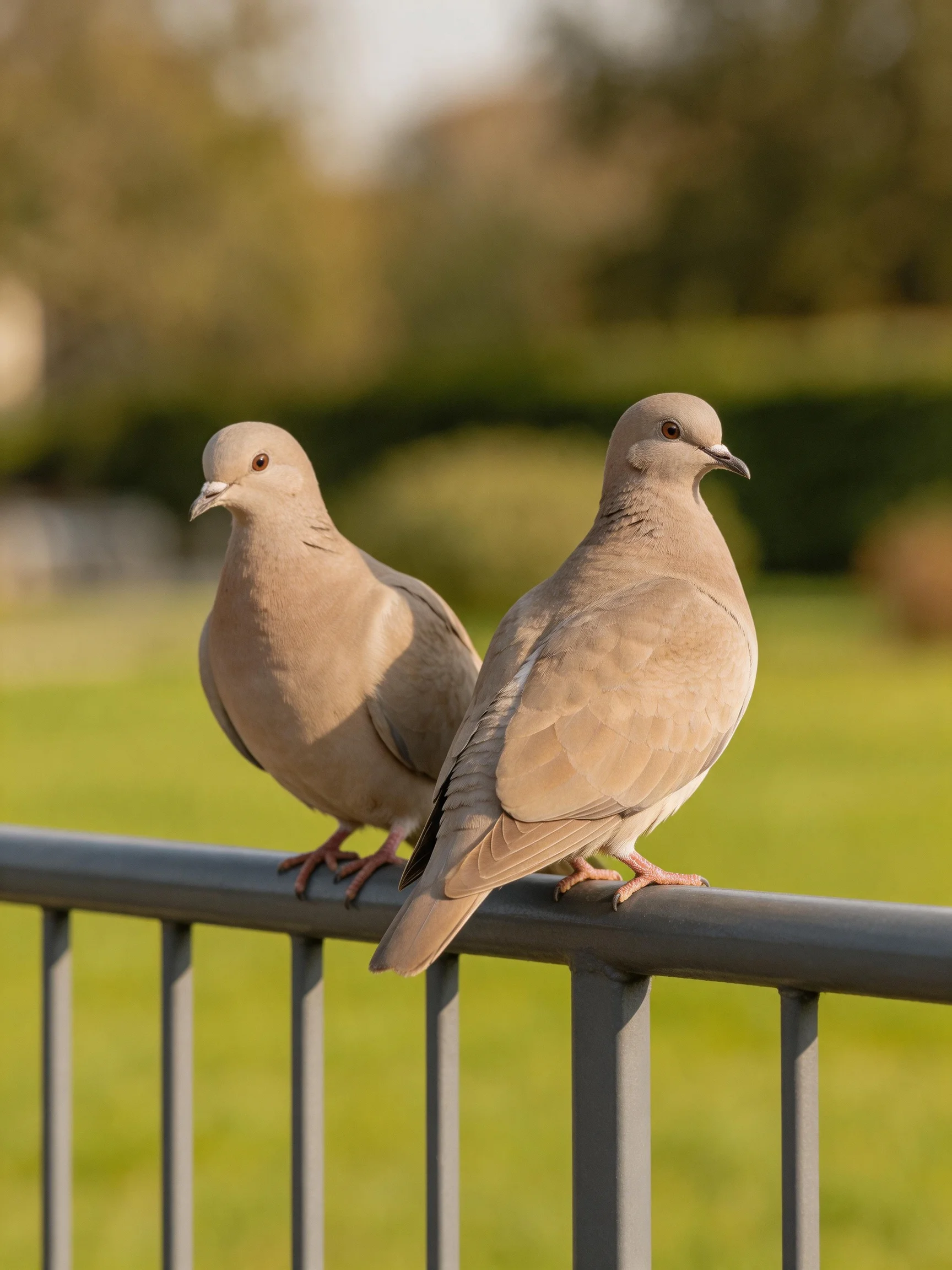 Two grayish-brown doves perch on a dark metal railing near greenery.