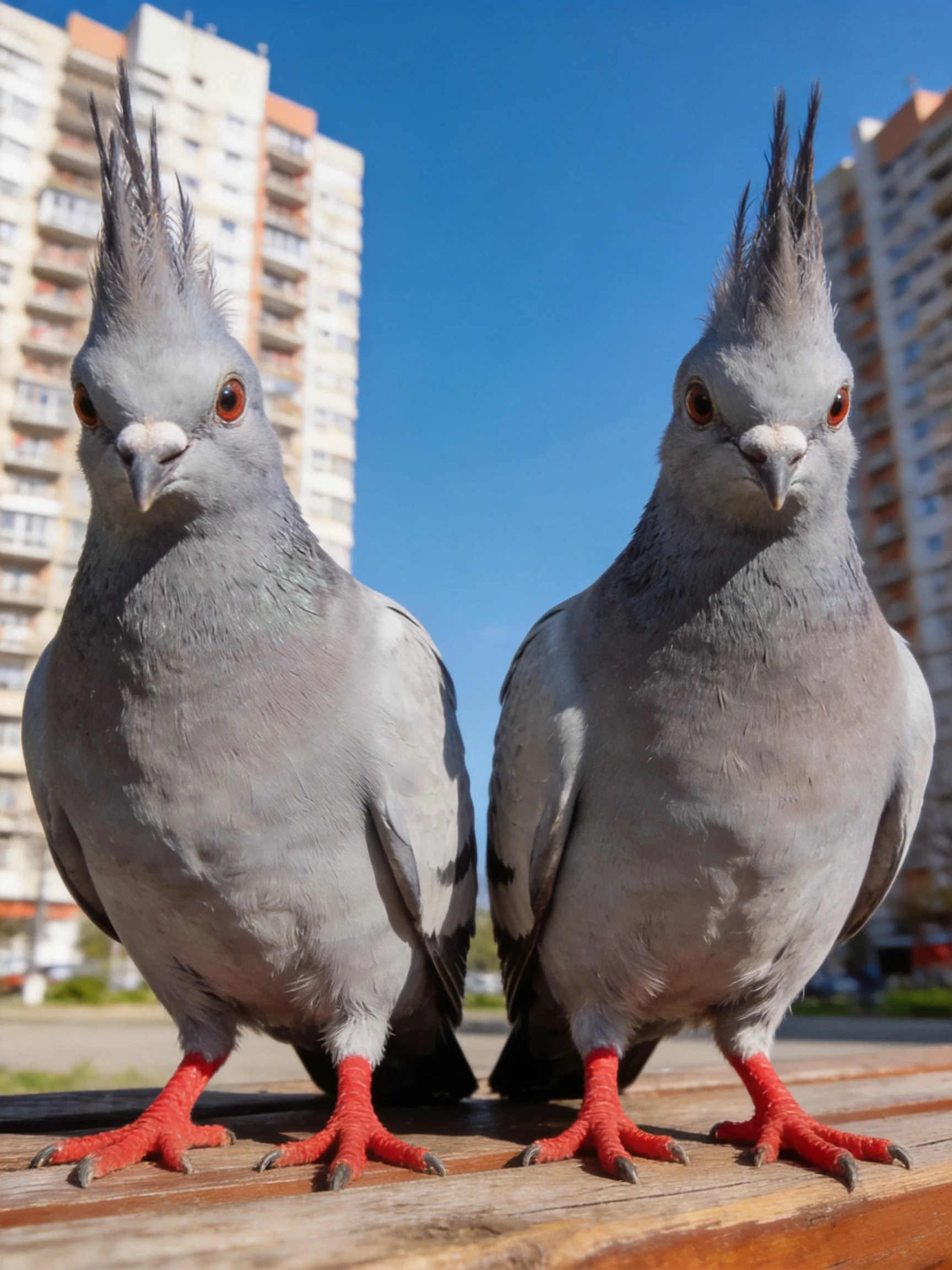 Two grey crested pigeons with red feet near tall apartment buildings
