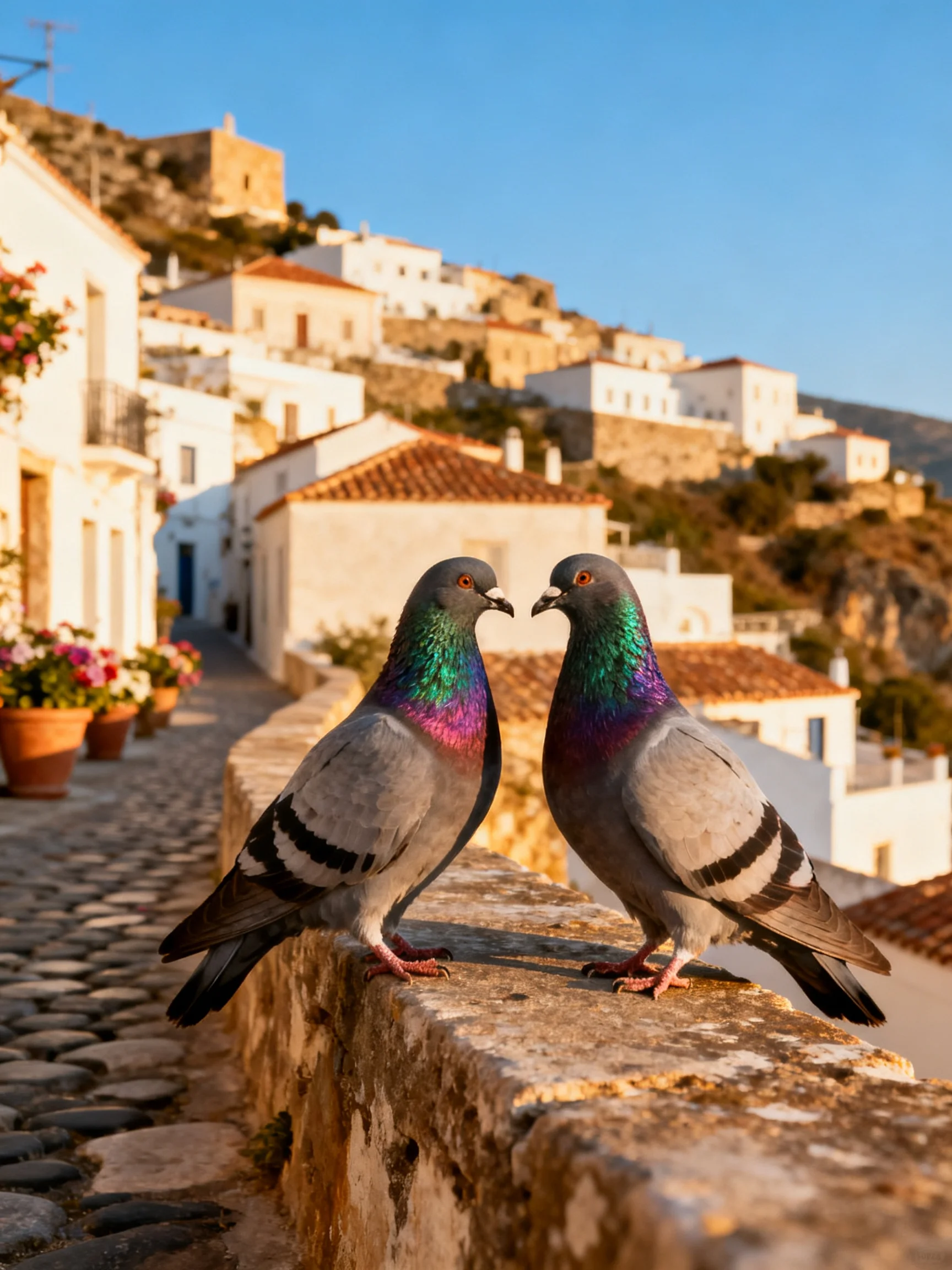 Two iridescent pigeons perch on a stone wall near whitewashed Mediterranean houses