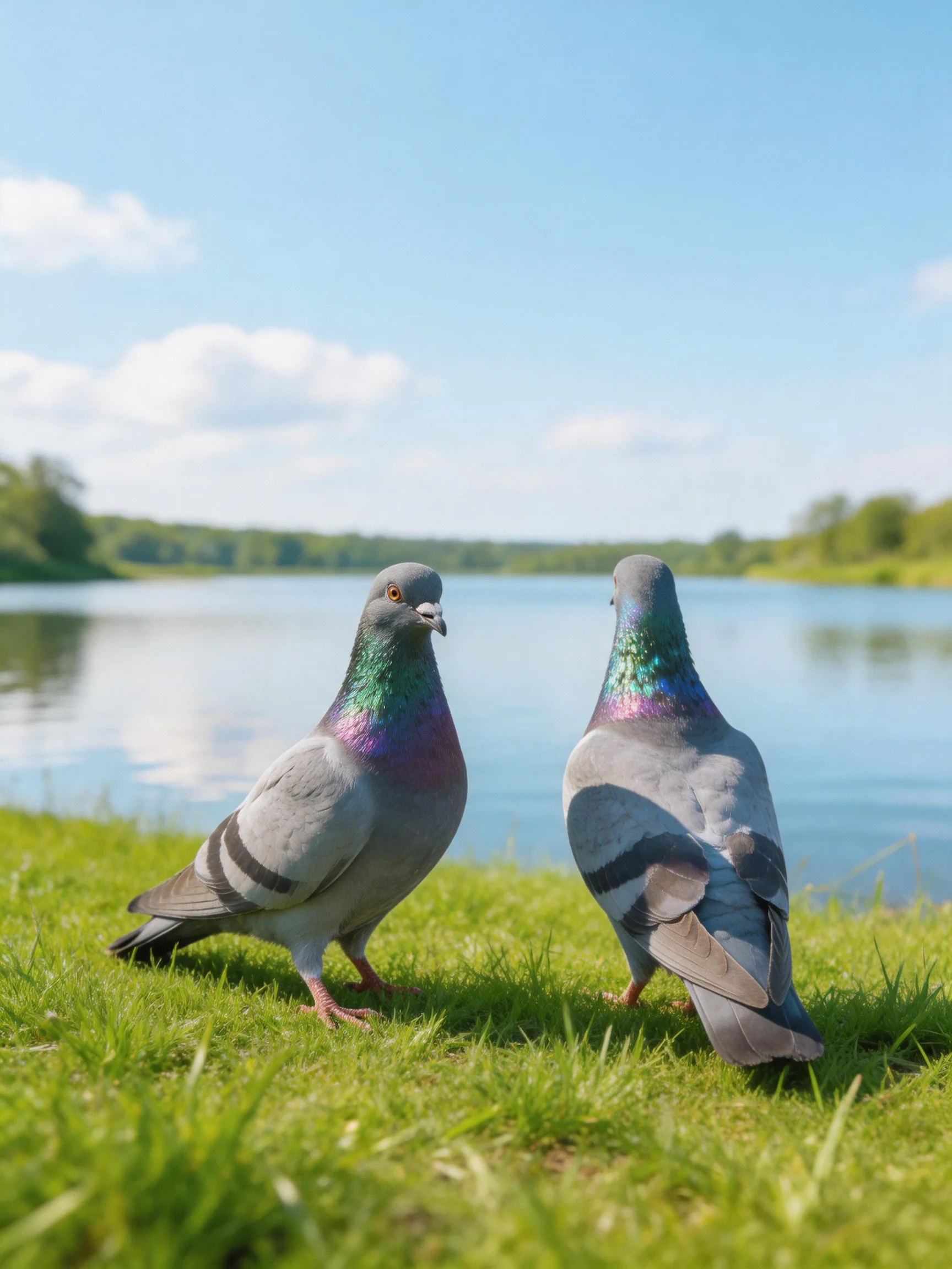 Two pigeons interact on grass beside a tranquil body of water.