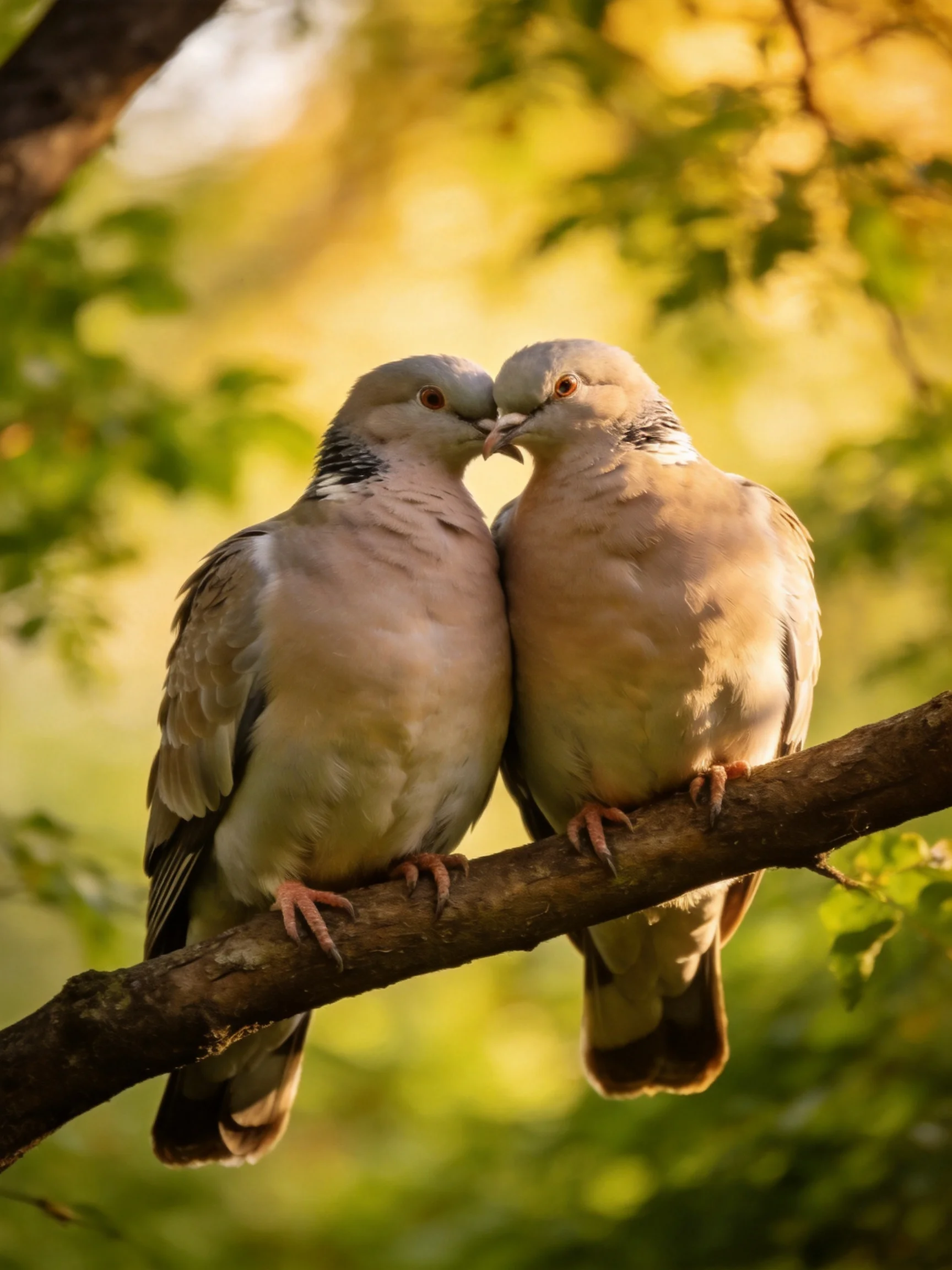 Two pale doves nuzzle on a brown tree branch amid golden foliage