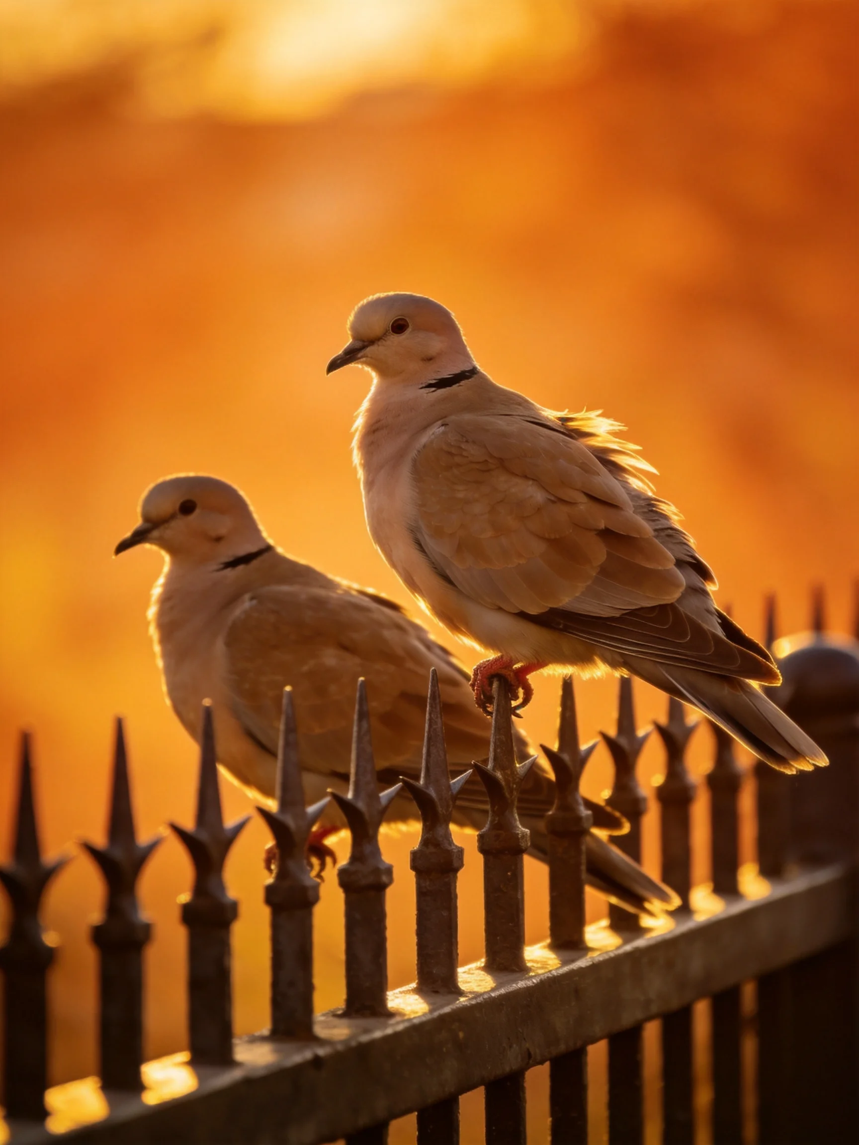 Two pale doves rest on an ornate iron fence during golden hour