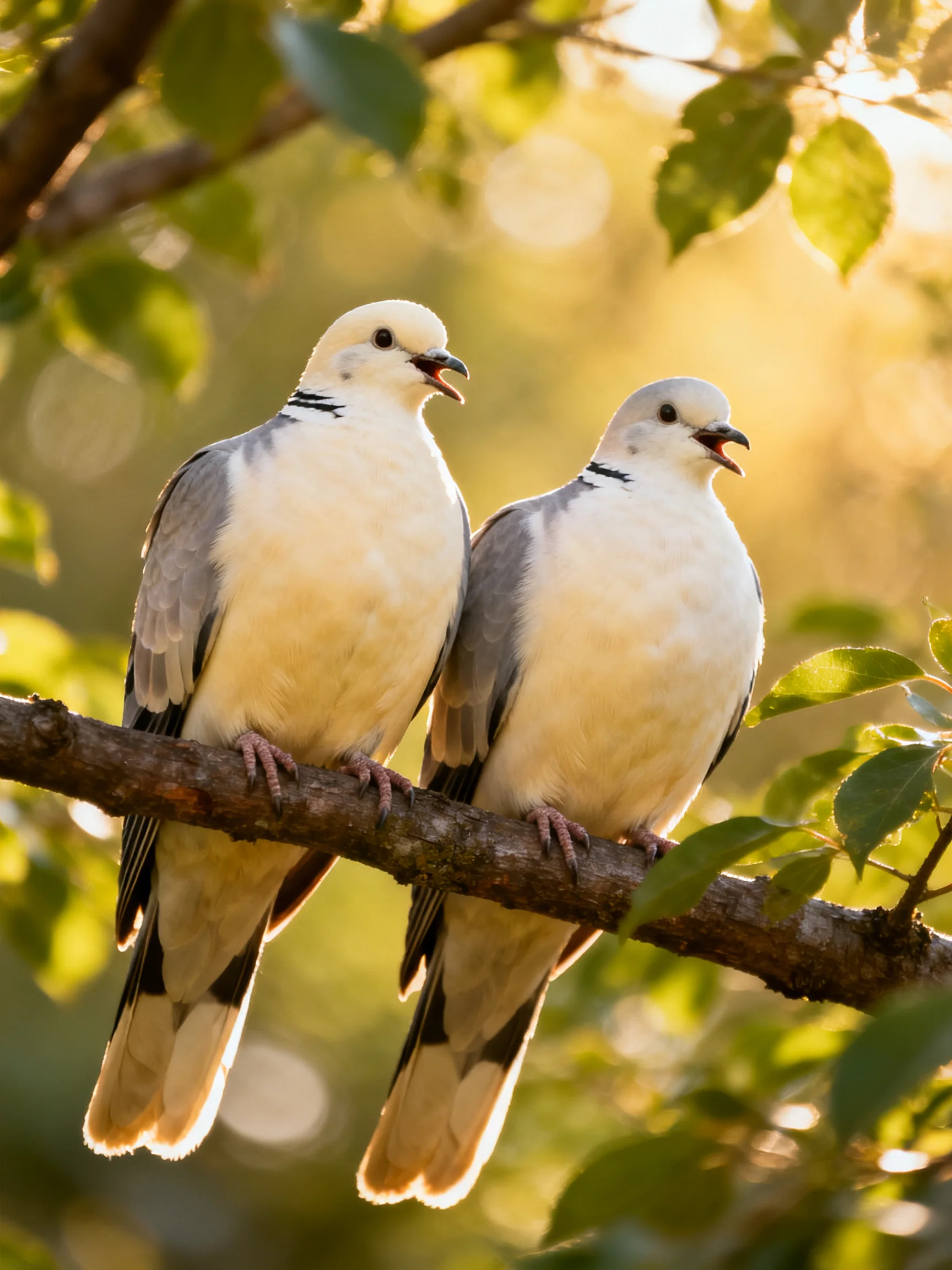 Two pale-headed doves perch on a tree branch amid green foliage