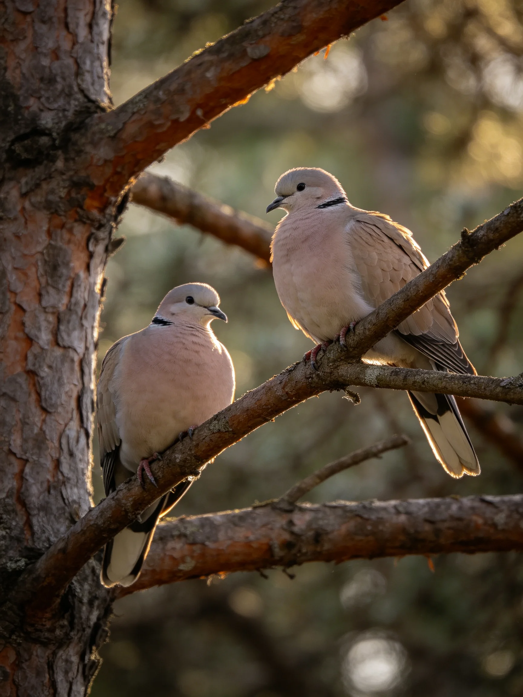 Two pale pink doves rest on brown tree branches in golden sunlight