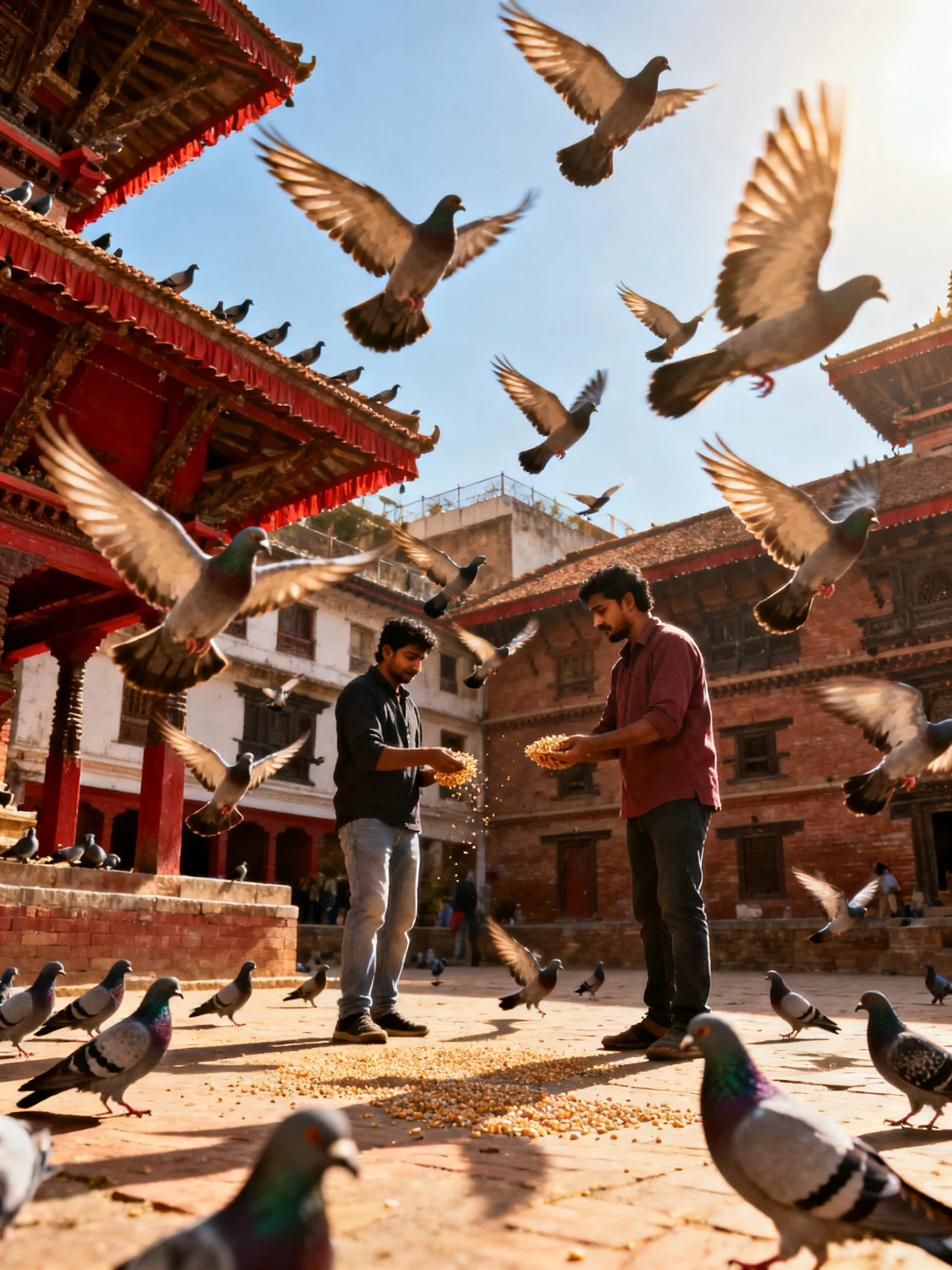 Two people feed many pigeons near ancient red-roofed buildings