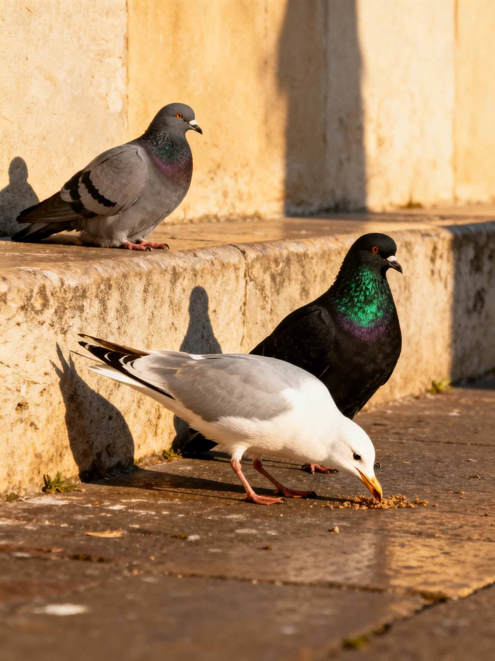 Two pigeons and a seagull on weathered stone steps