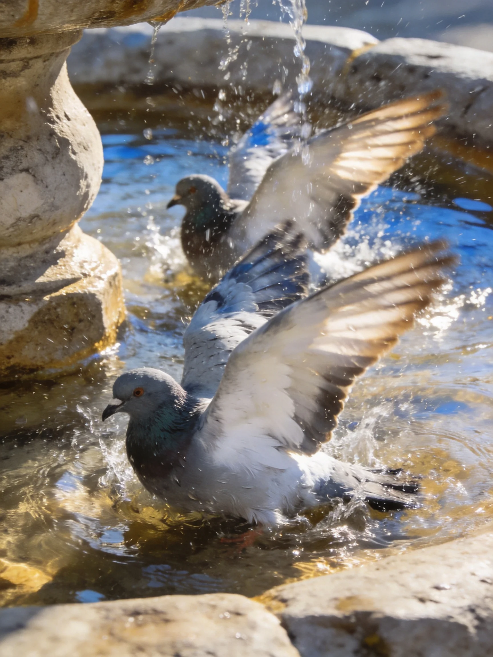 Two pigeons bathe in a stone fountain with splashing water
