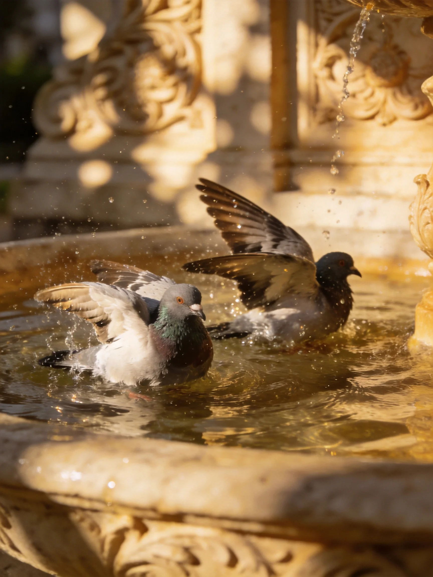 Two pigeons bathe in an ornate stone fountain with golden light