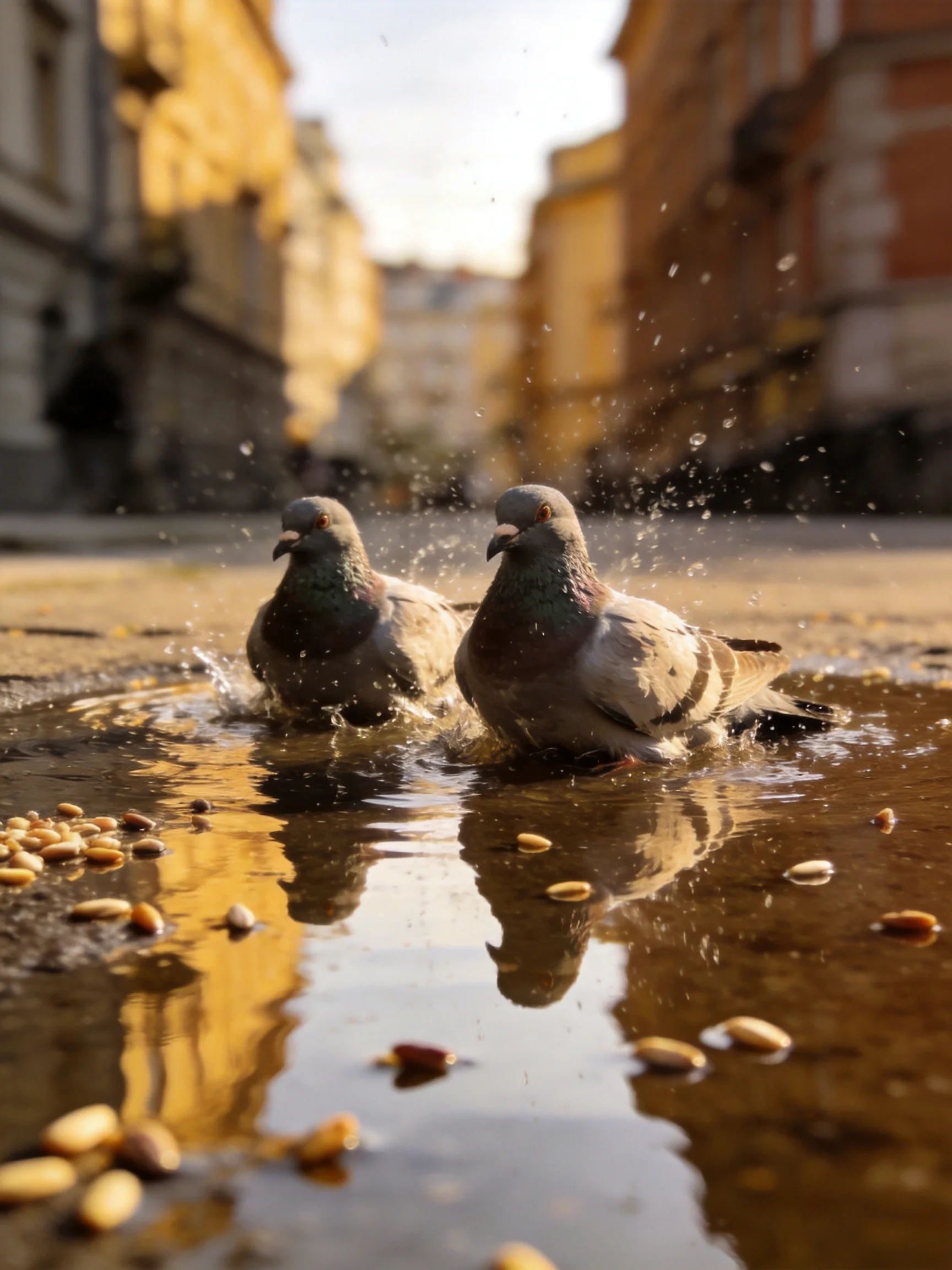 Two pigeons bathing in a city puddle with scattered seeds