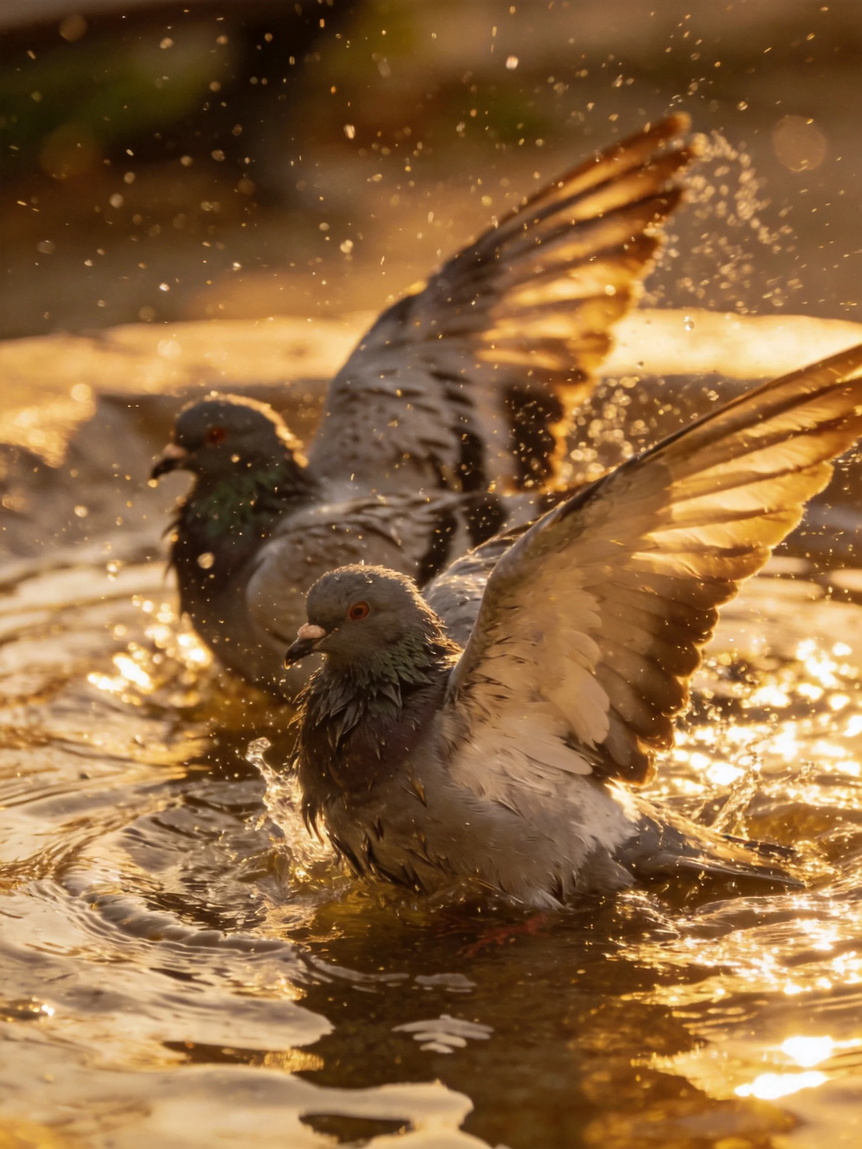Two pigeons bathing in golden-hued water with outstretched wings
