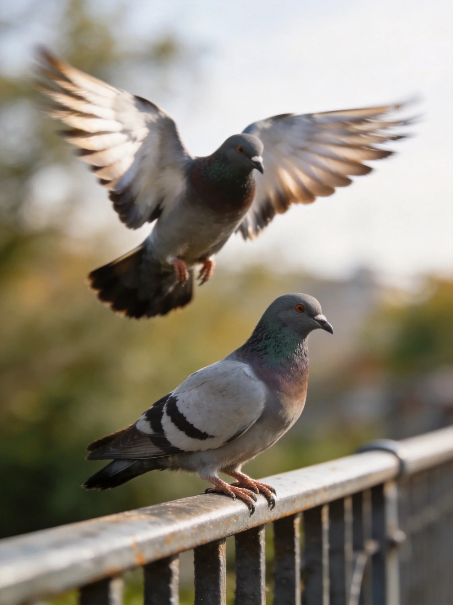 Two pigeons by a metal railing, one flies, one perches