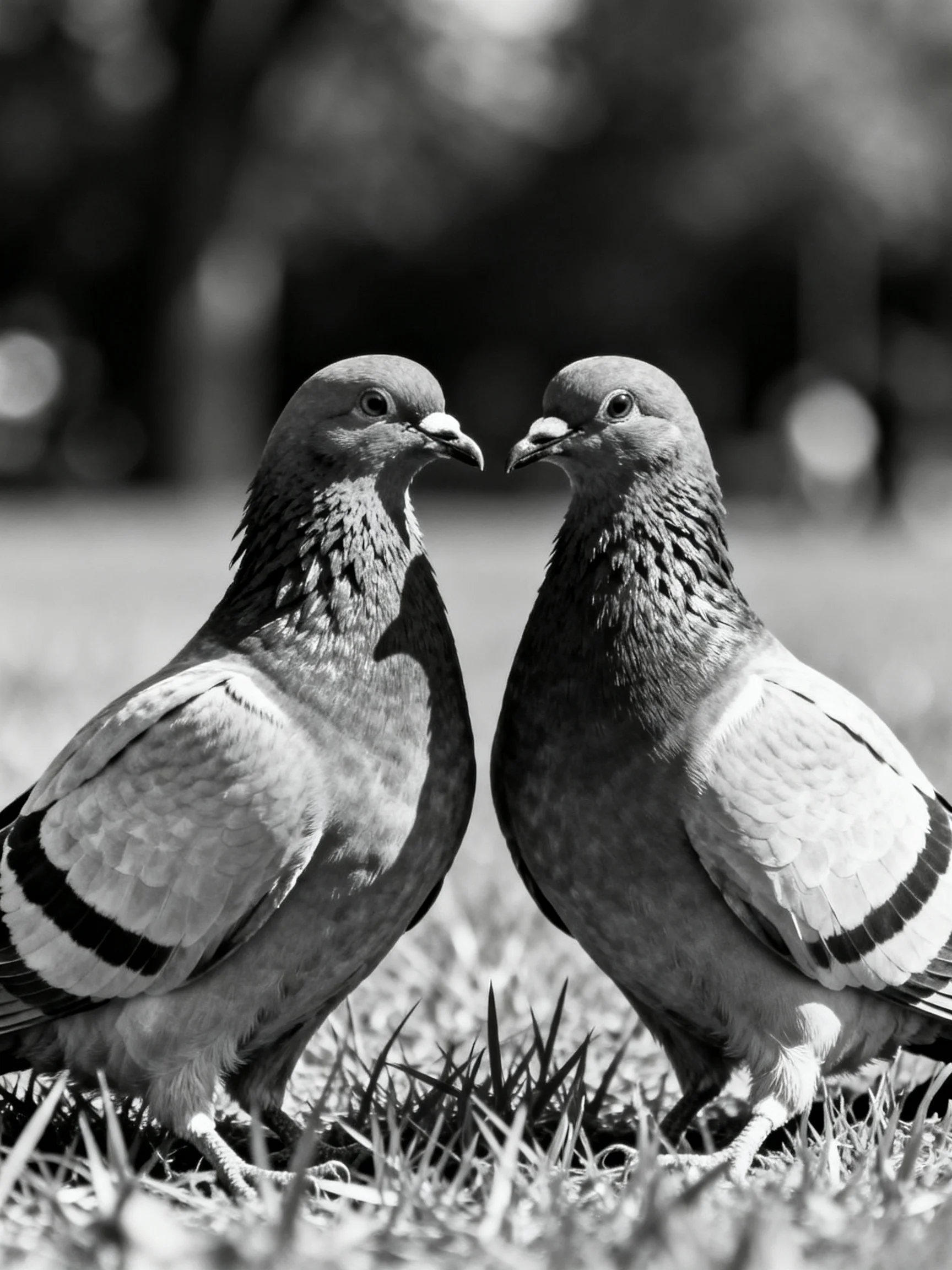 Two pigeons face-to-face on grass in black and white