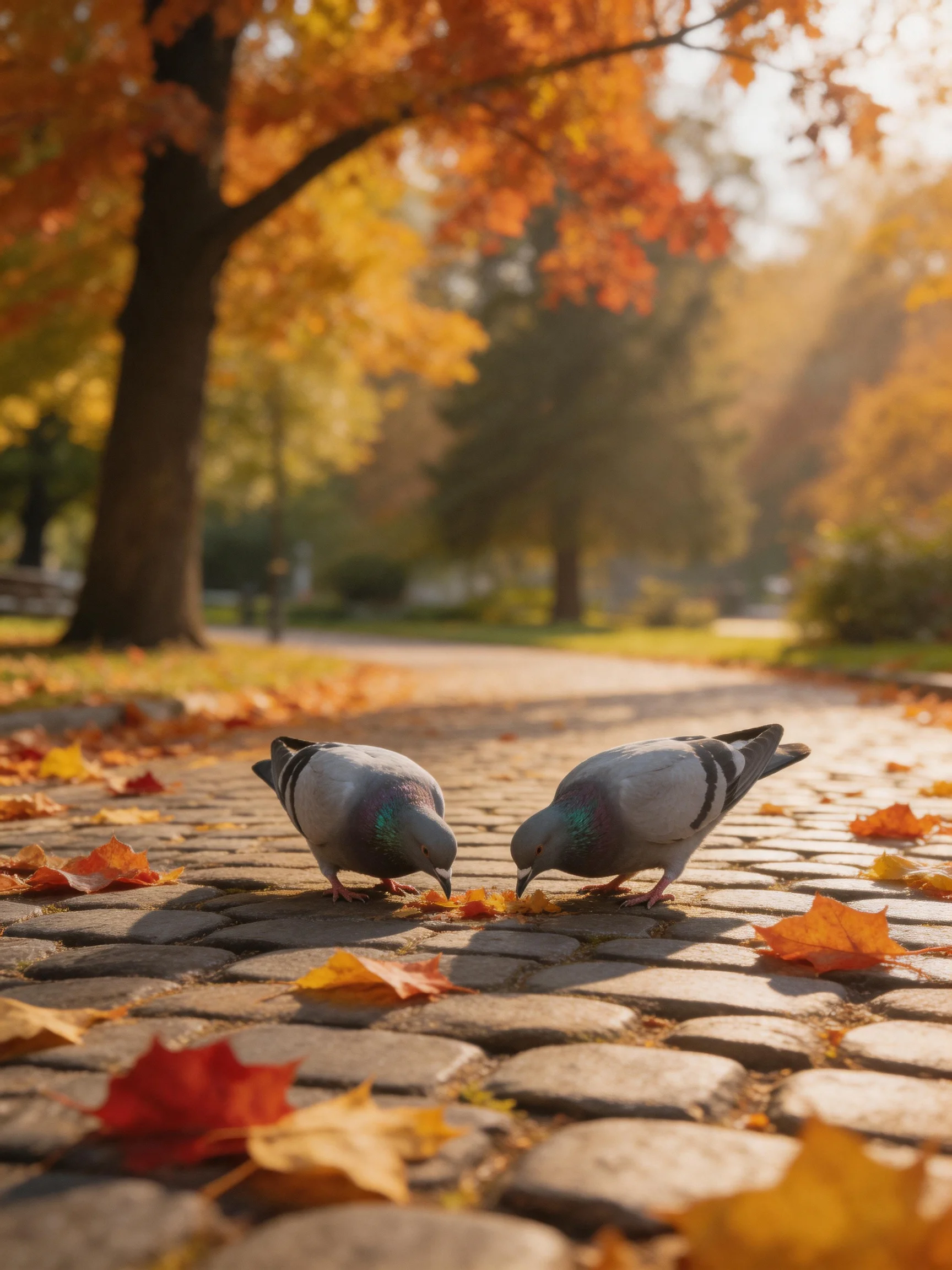Two pigeons feeding amid vibrant autumn leaves on a cobblestone path