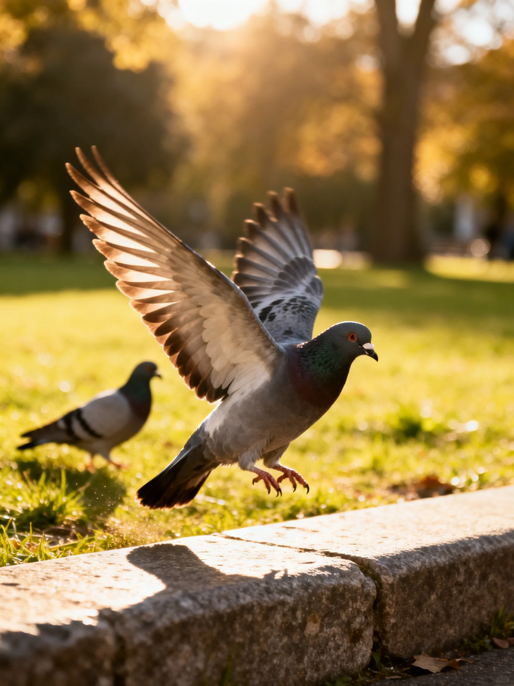 Two pigeons fly over a sunlit park with gray feathers