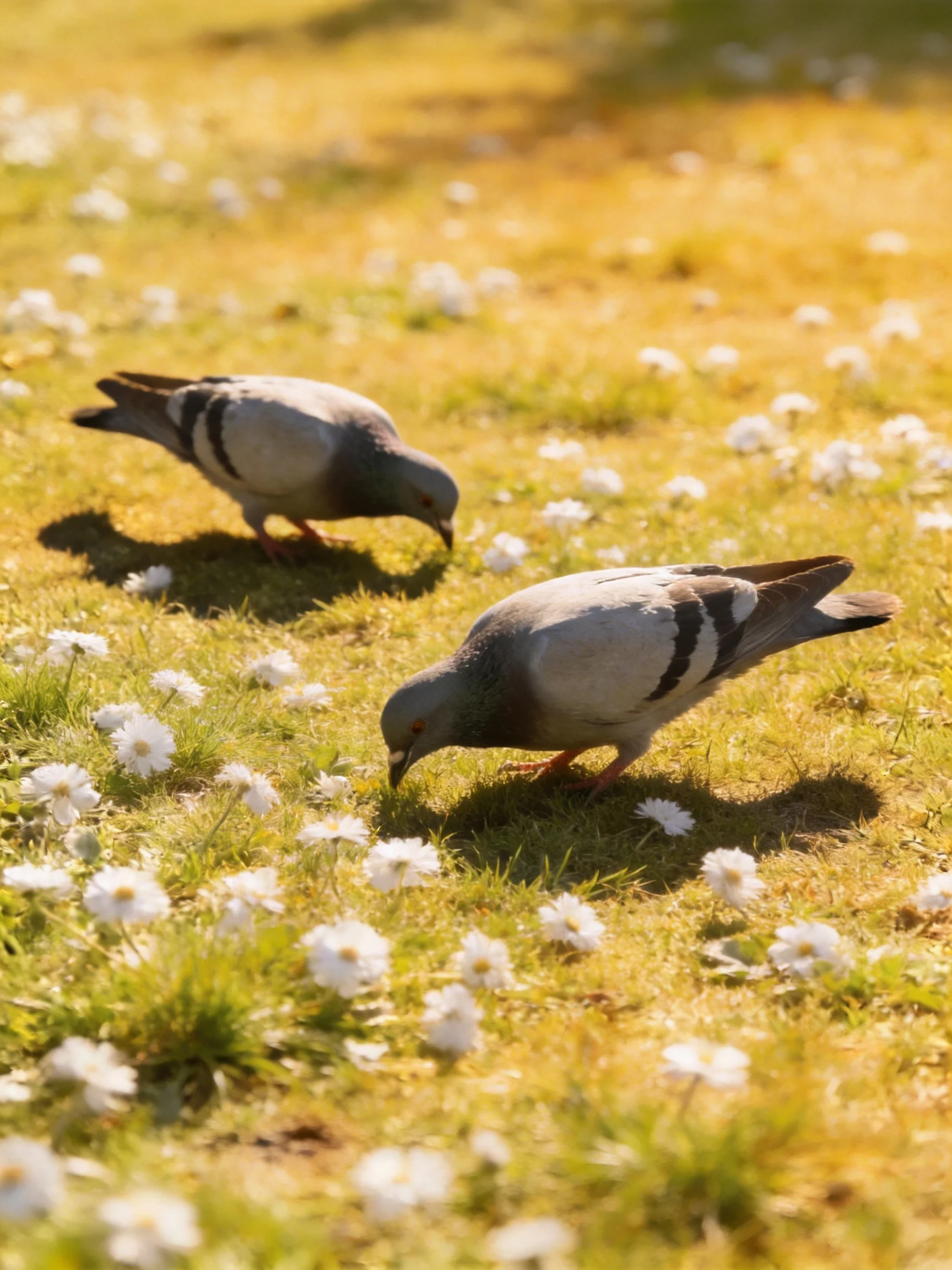 Two pigeons foraging among white flowers on sunlit grass